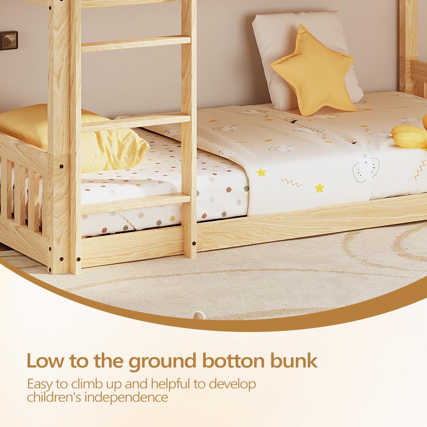 JOYMOR Low Twin Over Twin Bunk Bed for Kids/Junior, Wood Twin Bunk Bed Frame with Guardrails & Ladder for Boys Girls, Mattress Not Included