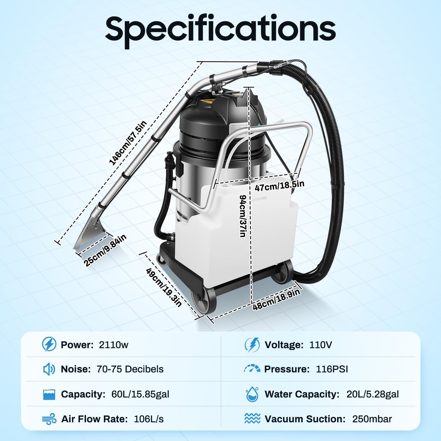 HUASSION 60L/15.85Gal Commercial Carpet Cleaner Machine, 2110W 3 in 1 Wet Dry Vacuum Cleaner, Carpet Extractor Machine with 6 Tools, Heavy Duty Floor Cleaning Machine for Home, Office, Hotel