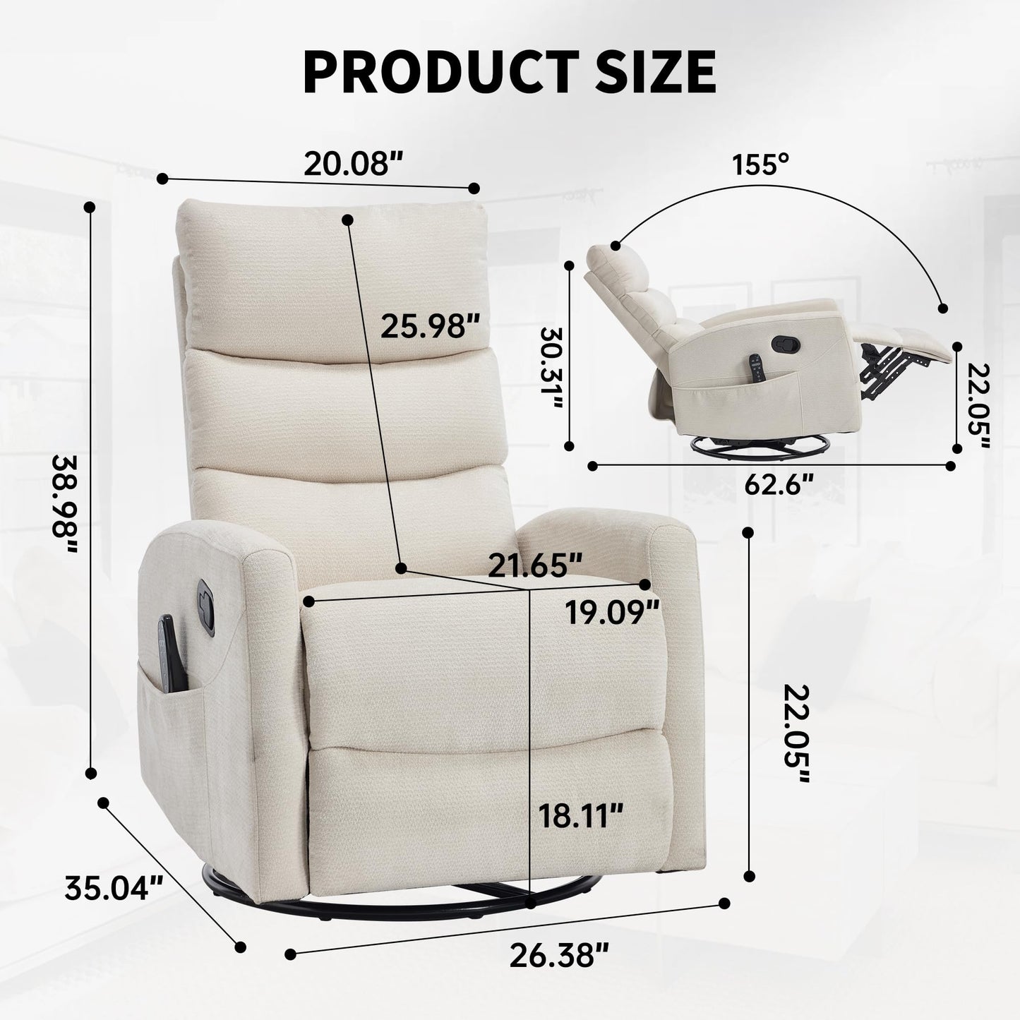 KEIKI Heat Massage Manual Recliner Chair, 360° Swivel Rocker with Lumbar Heat, Chenille Fabric Square Arms, Ergonomic Cushion Back Design, Gentle Rocking Motion for Adult Living Space, Beige