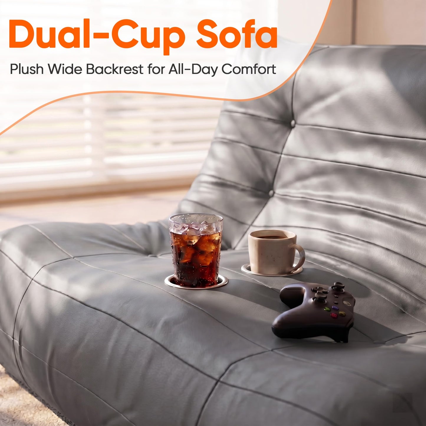 YESHOMY Boneless Loveseat Couch, Oversized Ergonomic Floor Sofa Couch, Durable PU Leather Sofa with Cup Holders, No Assembly Fireside Couches for Living Room, Bedroom (Gray)