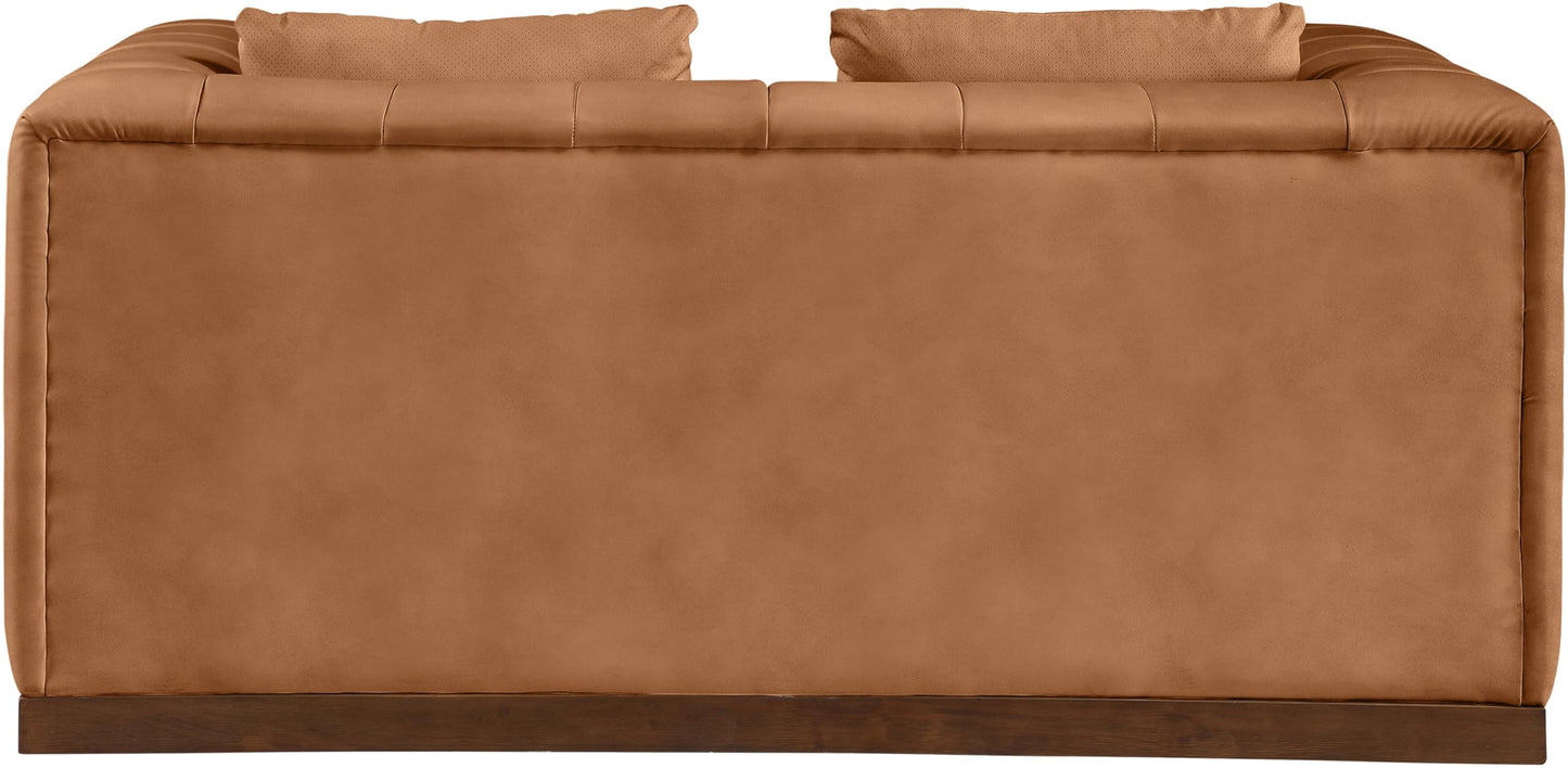 Meridian Furniture 44098Cognac-L Mallina Collection Modern | Contemporary Loveseat with Soft Cognac Vegan Leather, Walnut Finish Solid Wood Base, Deep Channel Tufting, 67" W x 36" D x 28.5" H, Cognac