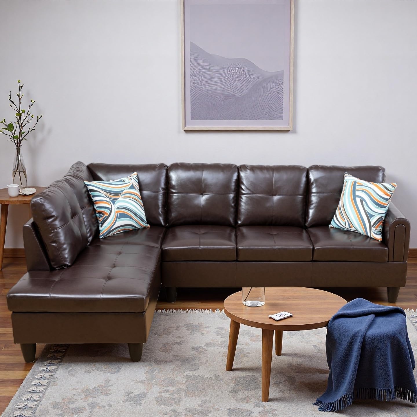 Trygoal L Shape Sectional Couch with Chaise, 97 Inch Modular Sofa with Ergonomic Reclined Backrest, Sectional Couches for Living Room, High-Density Foam, for Office and Small Apartment, Leather Brown