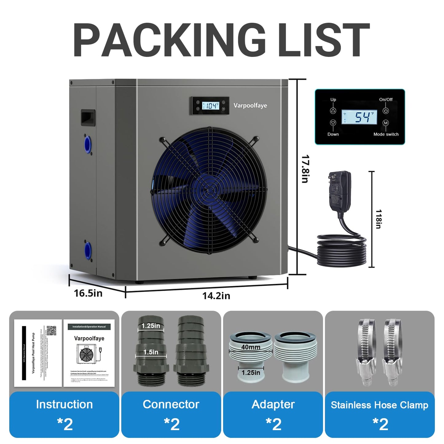Varpoolfaye 16000 BTU Swimming Pool Heat Pump 5000 Gallon Electric Pool Heater for Above Ground Pool 5KW Heating or Cooling WiFi Control Timer Pool Heater 110V 60Hz