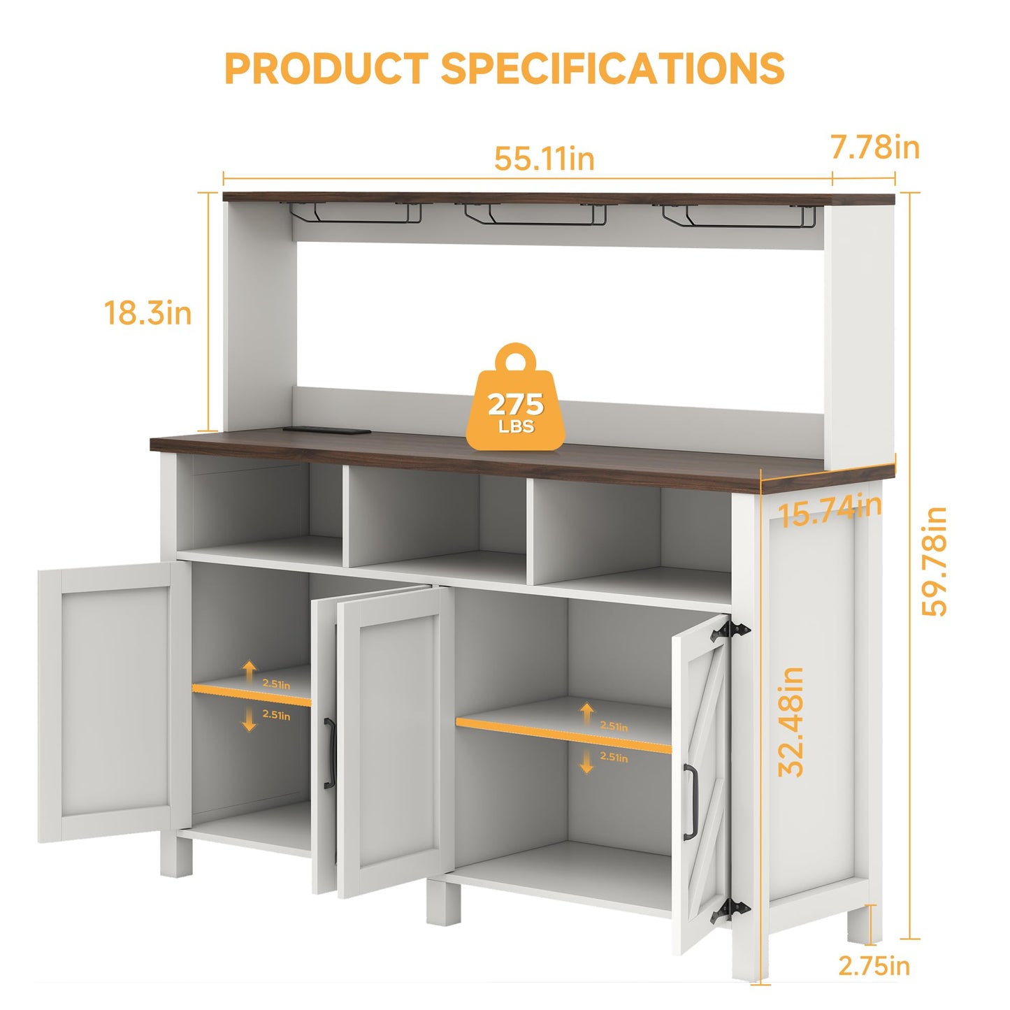 Buffet Sideboard with Storage Hutch with Power Outlets 4 Doors, Large Farmhouse Kitchen Storage Cabinet Wood Coffee Bar Cabinet with Goblet Holder and Cup Hooks for Kitchen, Dining Room, Entryway