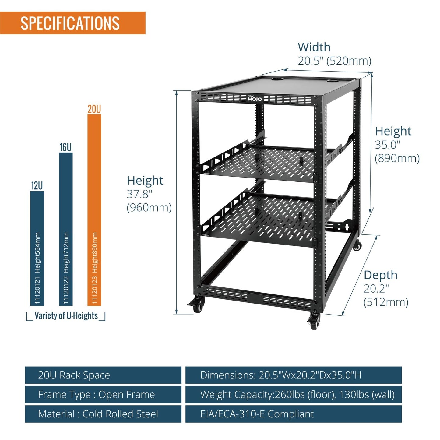 TECMOJO 20U Open Frame Network Rack for IT & AV Gear, 4-Post With Casters, Mobile With 2 PCS 1U Server Shelf & Mounting Hardware, for 19" Network, Audio and Video Device