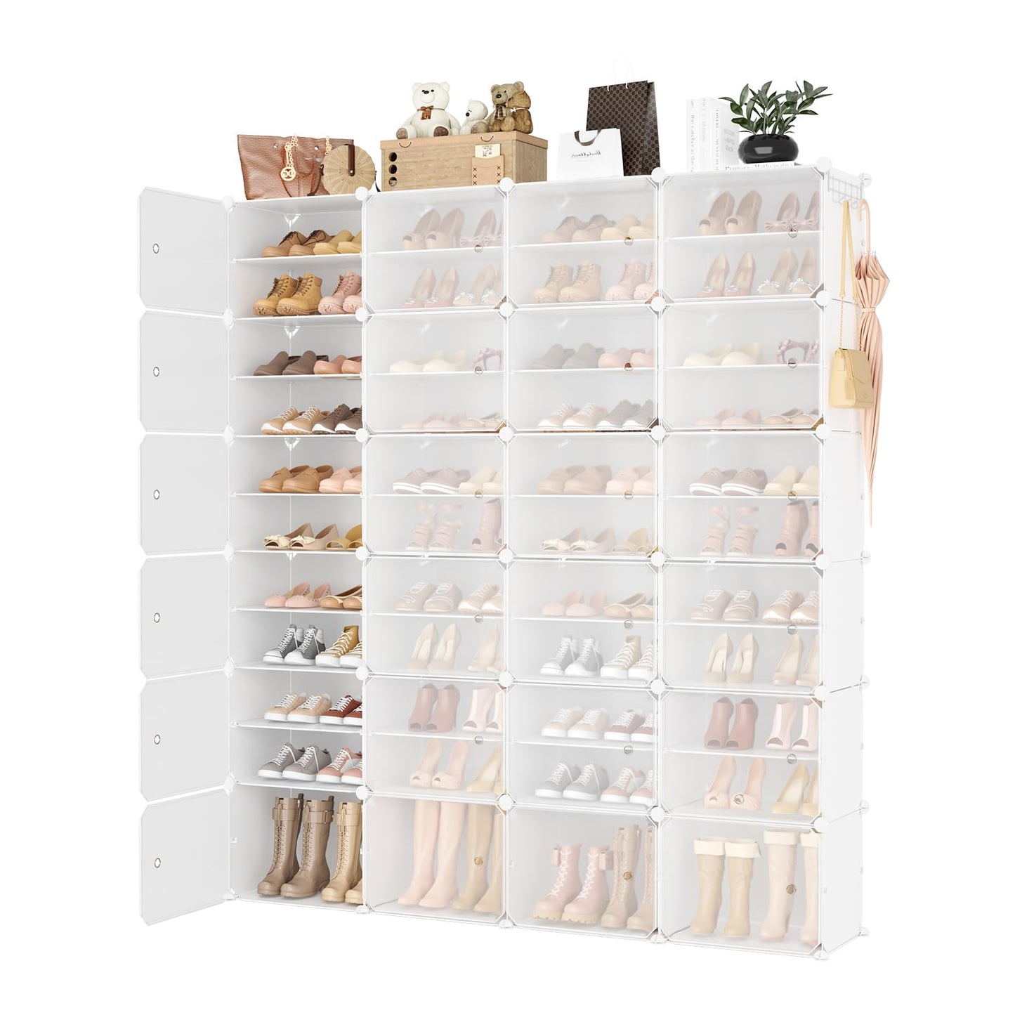 WEXCISE Portable Shoe Rack Organizer with Door, 96 Pairs Shoe Storage Cabinet Easy Assembly, Plastic Adjustable Shoe Storage Organizer Stackable Detachable Free Standing DIY Expandable 12 Tier White