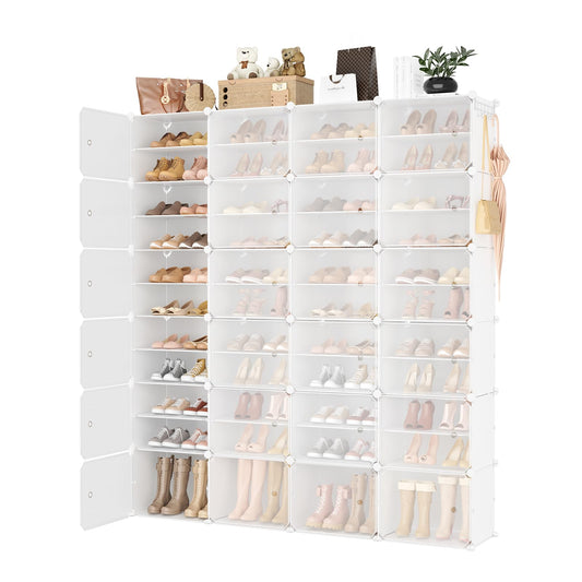 WEXCISE Portable Shoe Rack Organizer with Door, 96 Pairs Shoe Storage Cabinet Easy Assembly, Plastic Adjustable Shoe Storage Organizer Stackable Detachable Free Standing DIY Expandable 12 Tier White