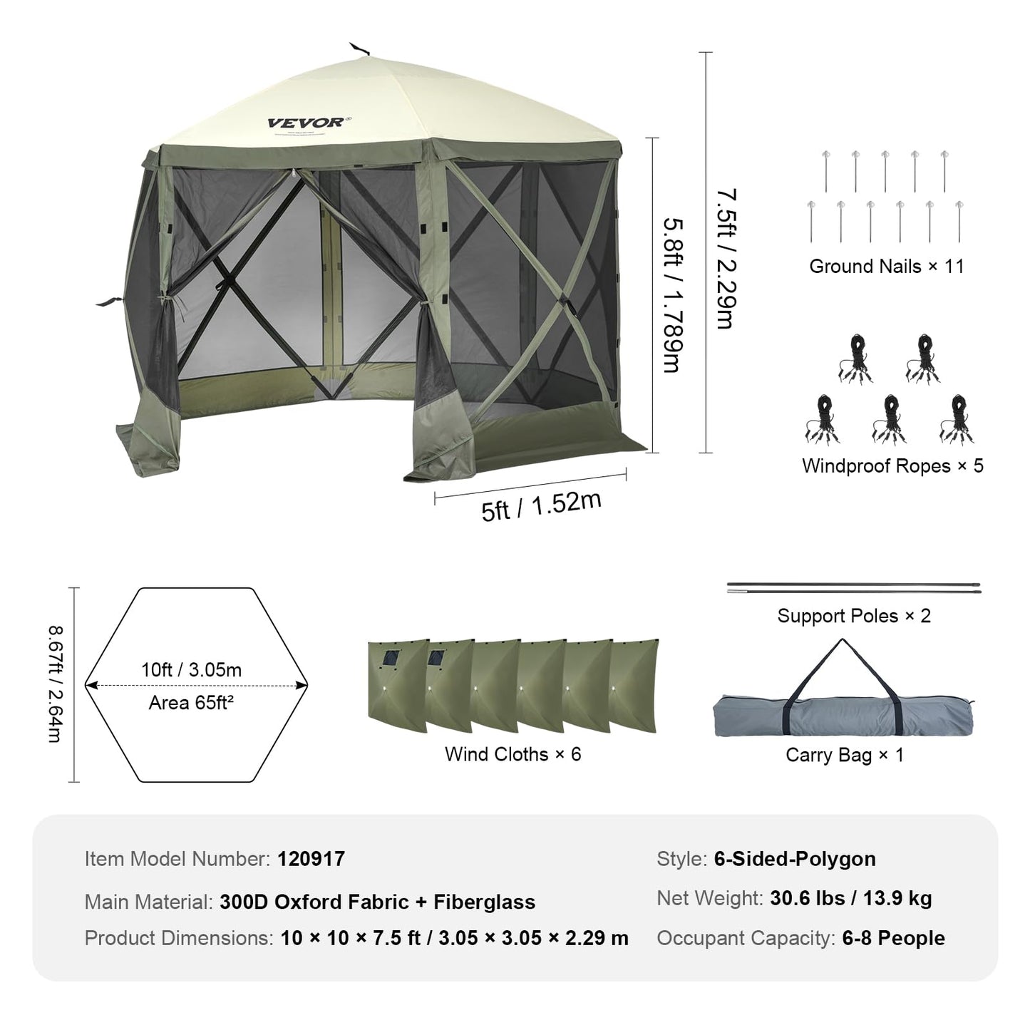 VEVOR Pop Up Gazebo Screen Tent 6 Sided Canopy Sun Shelter with 6 Removable Privacy Wind Cloths & Mesh Windows, 10x10FT Quick Set Screen Tent with Mosquito Netting, Army Green