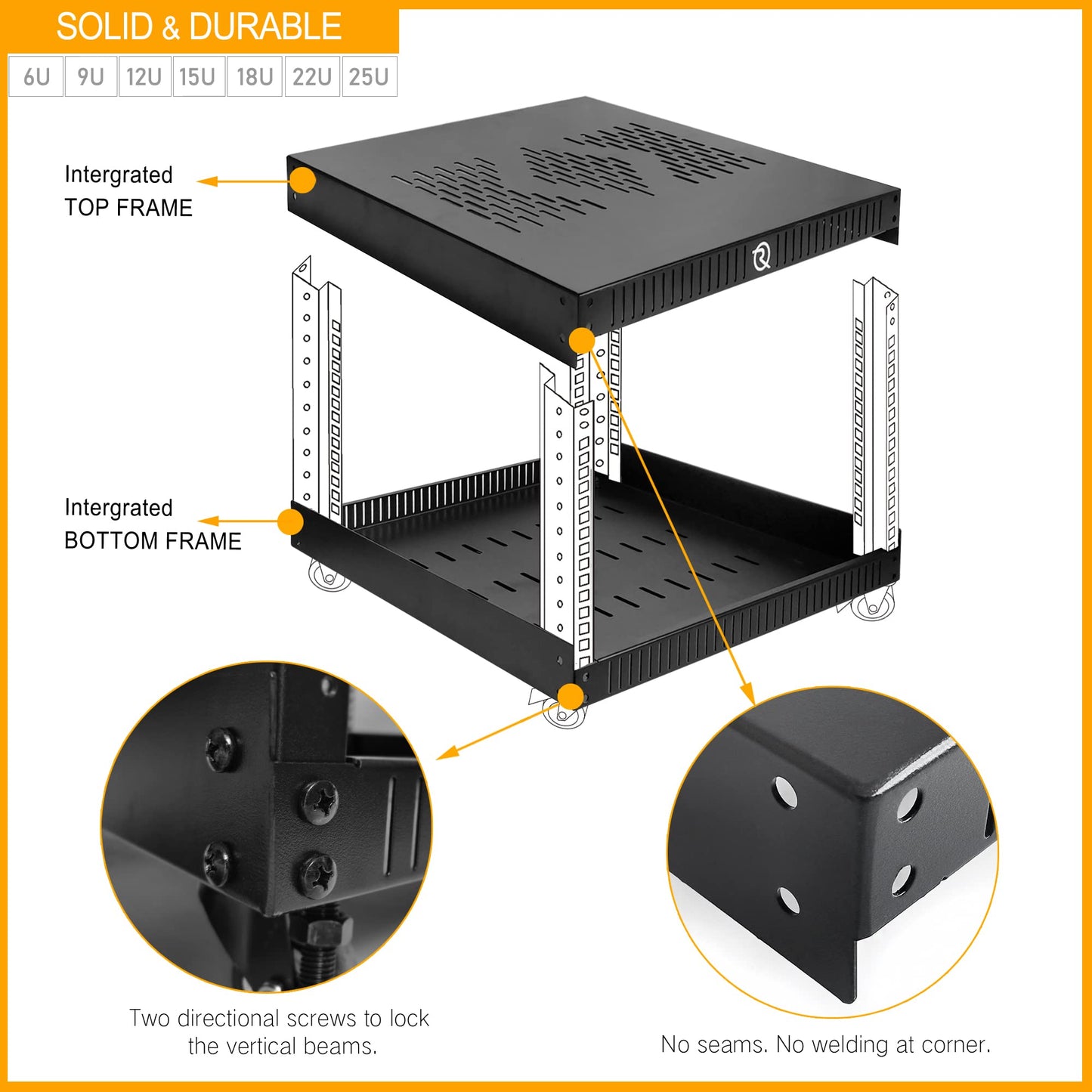 RIVECO 25U Network Rack with Reinforced Top Cover - 4 Post Floor Rack on Wheels for 19" Equipment & Stereo Gear- Including Mount Power Strip & 2PCS 1U Shelves