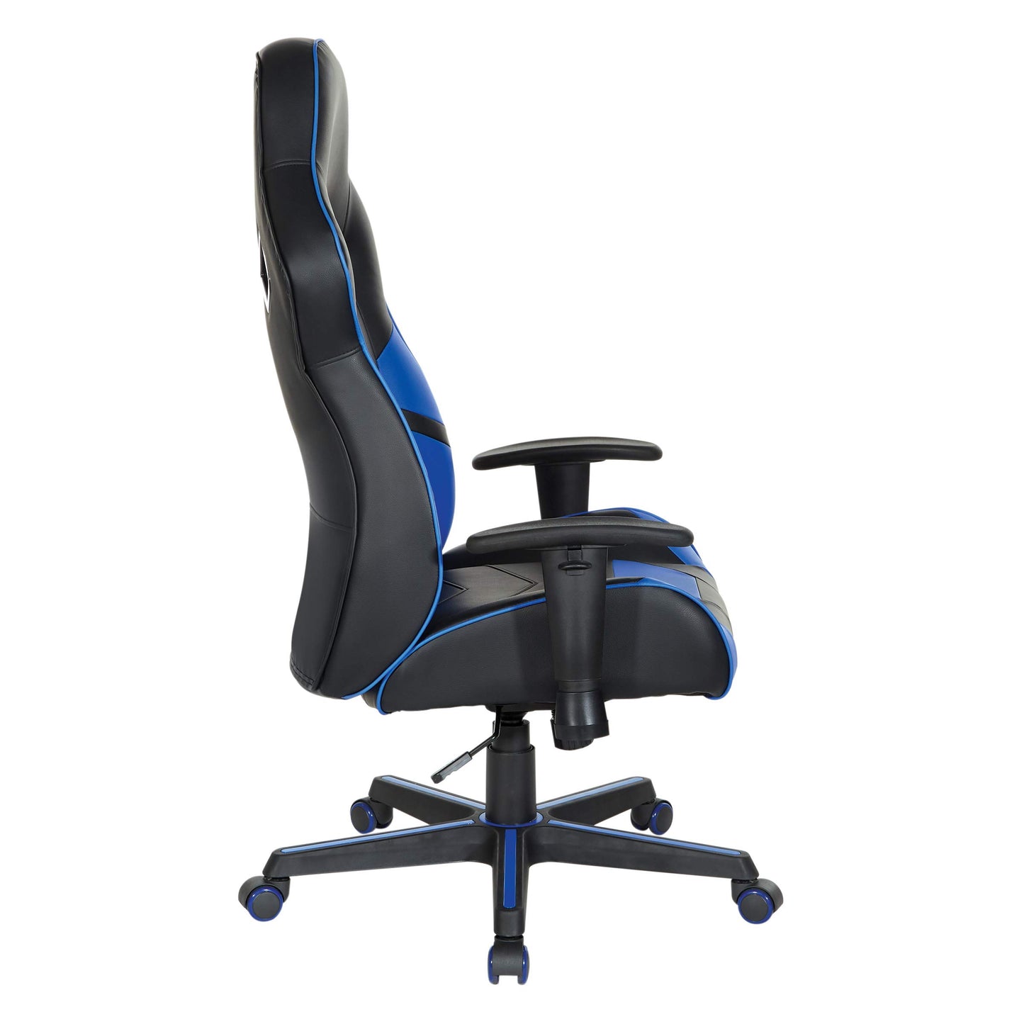 OSP Home Furnishings Vapor Ergonomic Adjustable High Back Faux Leather Gaming Chair with Coil Spring Seat and Integrated Cooling Airflow, Blue Accents
