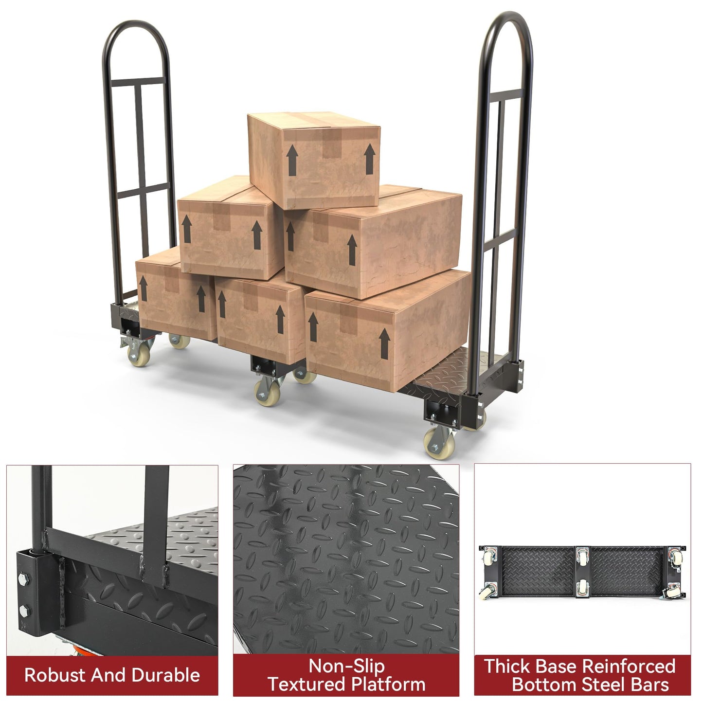 YITAMOTOR Narrow Aisle U-Boat Platform Truck Dolly, 2000LBS Heavy-Duty Utility Cart w/ 6 Wheels & 2 Brakes & Dual Removable Handles for Warehouse/Manufacturing Plant/Logistics Center(63"x15.75"x60.8")