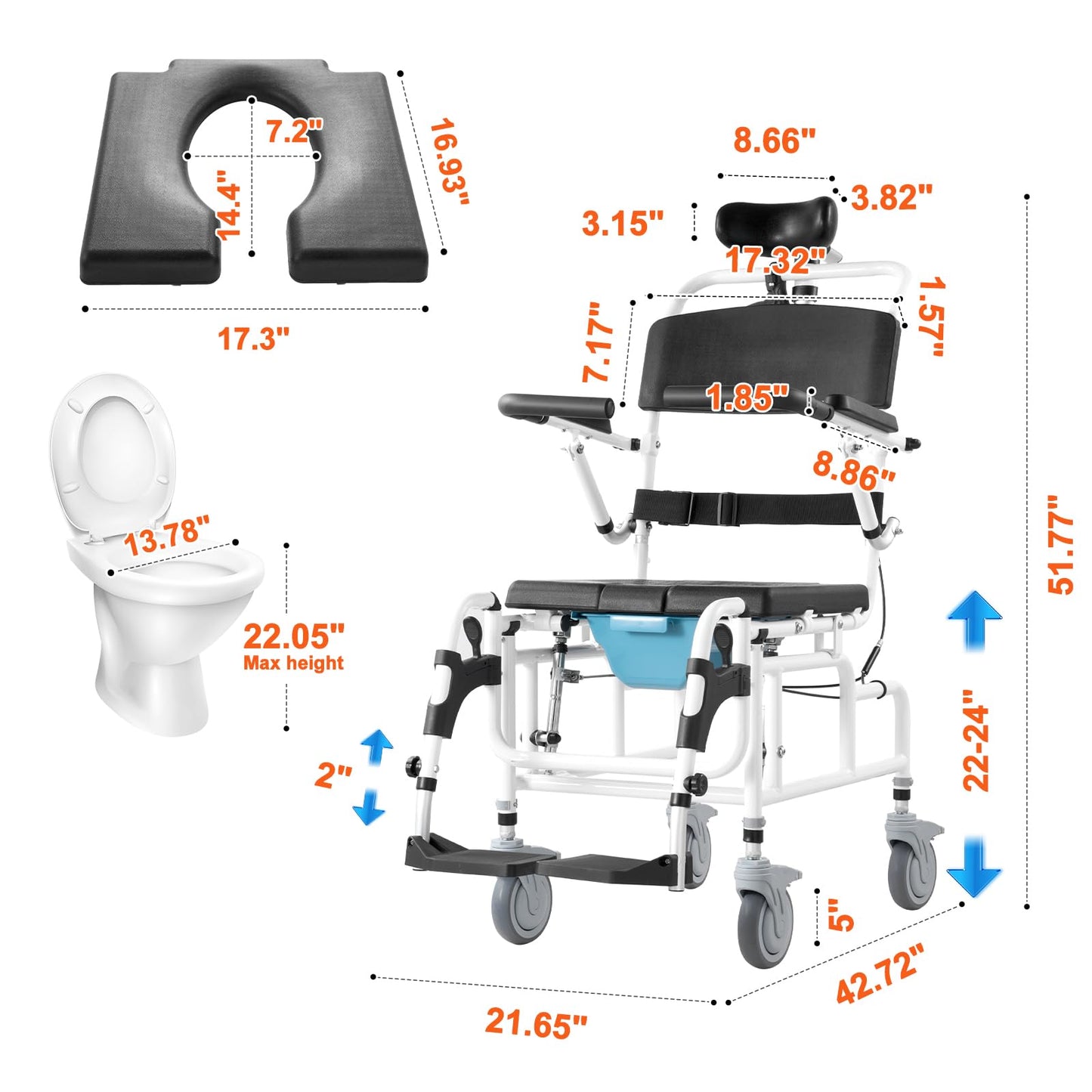 VEVOR Shower Wheelchair, 17.5in Width Aluminum Alloy Bathroom Wheelchair for Inside Shower, Adjustable Rolling Shower Chair w/Brake for Disabled Adult, 300 lbs Capacity Shower Transport Chair