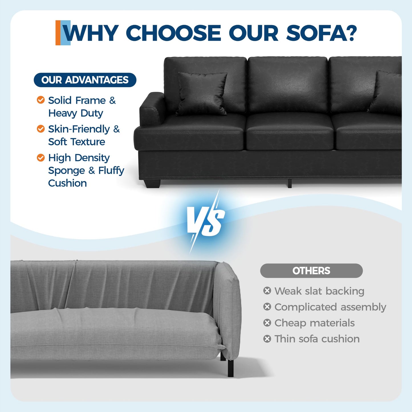 Garvee 86" Faux Leather Sofa, Modern Deep Seat Couch with 2 Throw Pillows, Upholstered Cushion & Removable Cover, Comfy Leather Couch for Small Space, Apartment, Living Room Lounge, Black