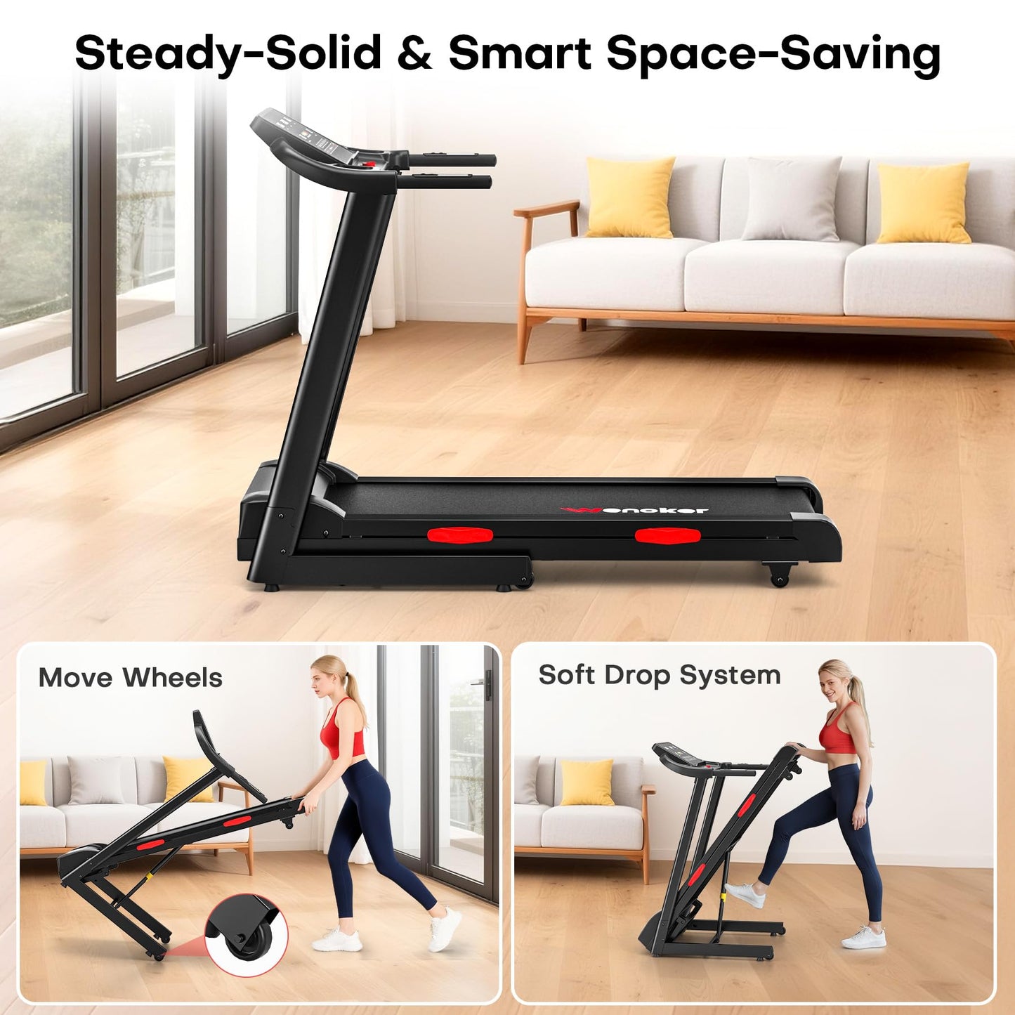 WENOKER Treadmills for Home,Treadmill with 0-15% Auto Incline,3.0HP Folding Treadmill with App, Max 8.7 MPH,300 LBS Capacity, Incline Treadmill Equipped with Bluetooth & Pulse Monitor