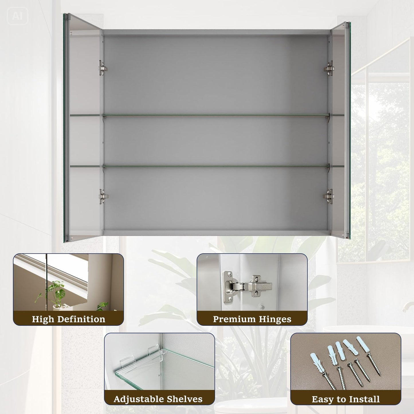 VETROVUE Bathroom Medicine Cabinet with Mirror, 30 Inch x 26 Inch Bathroom Mirror Cabinet with Double Door & Adjustable Shelves, Surface Mount or Recess Installation