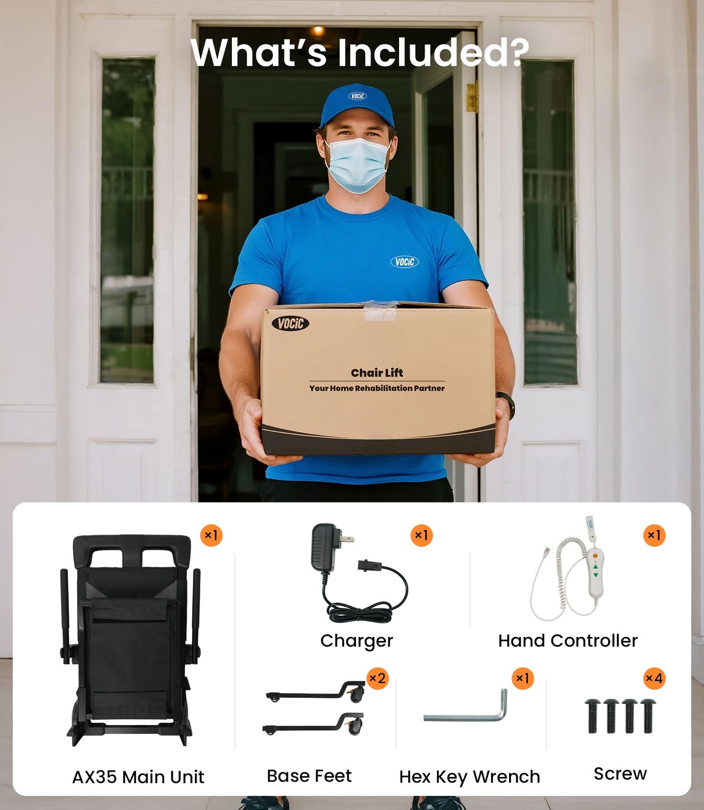 VOCIC Electric Chair Lift Get Up from Floor, Movable with 4 Wheels, Portable Rolling Chair Lift with T-Stabilized Base, Short-Distance Transport, Lift for Elderly from Floor, Supports 350 LBS, AX35