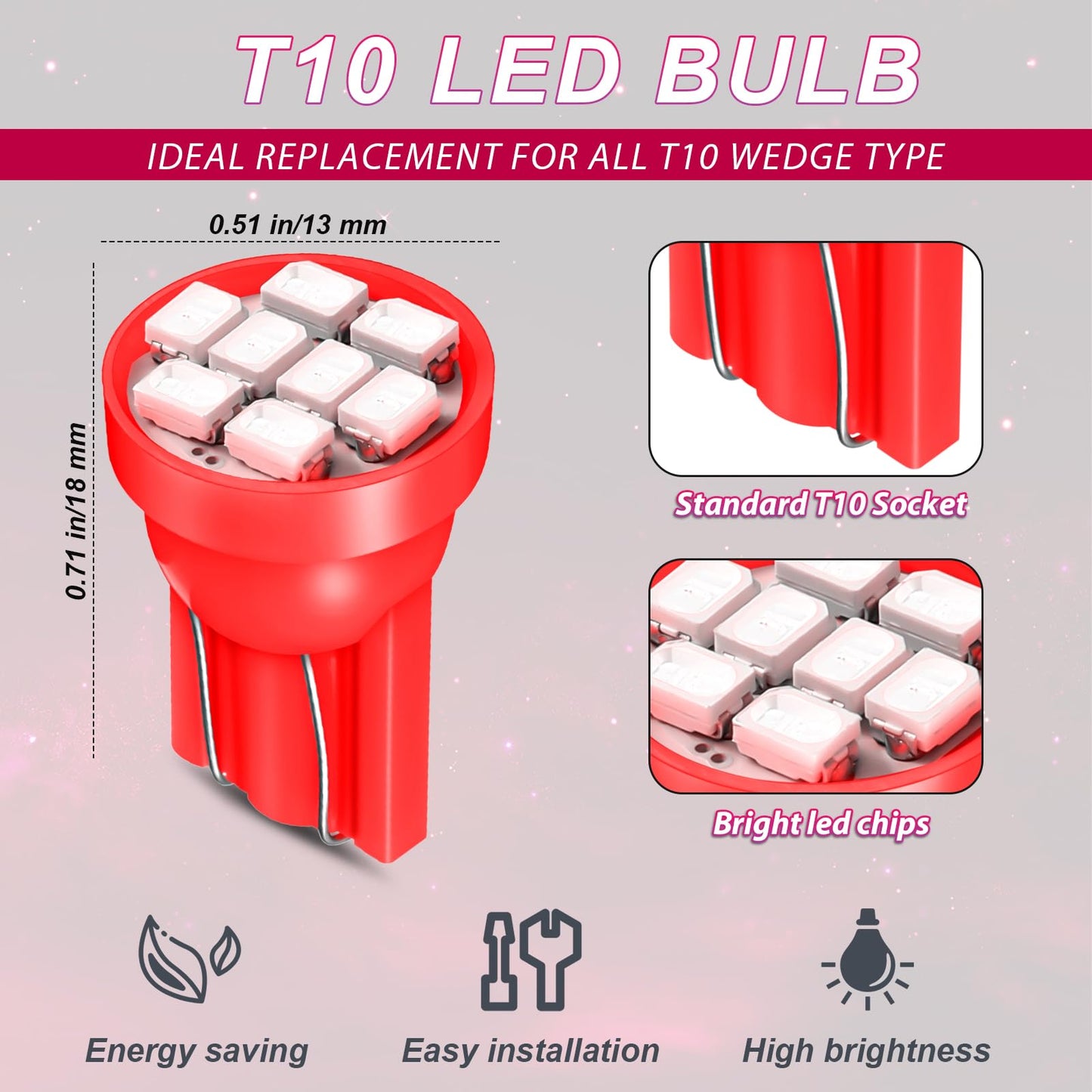 Frienda T10 LED Dash Light Bulbs, 40 Pcs, Twist Lock Socket, Instrument Cluster, Red, Model CK-Frienda-20436