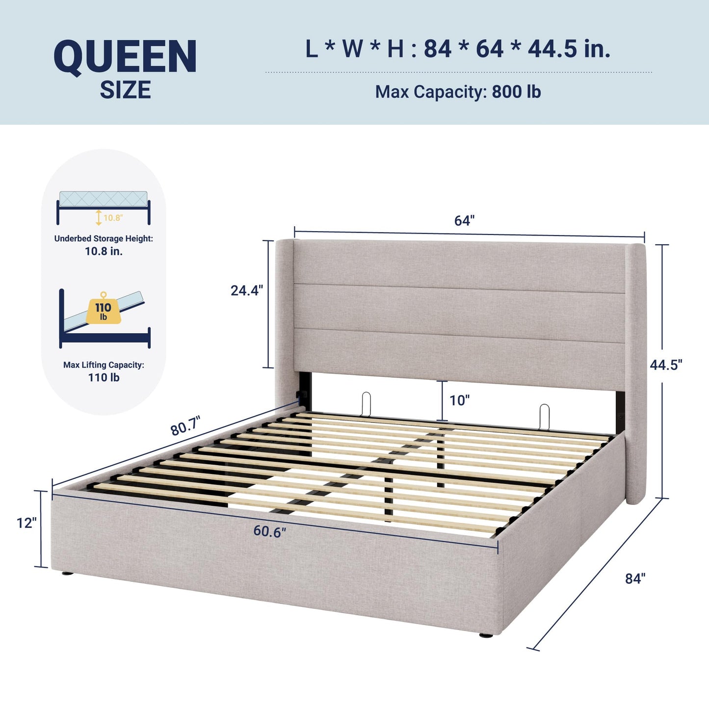 Allewie Queen Size Lift Up Storage Bed, Modern Wingback Headboard, Hydraulic Support, No Box Spring Needed, Light Beige