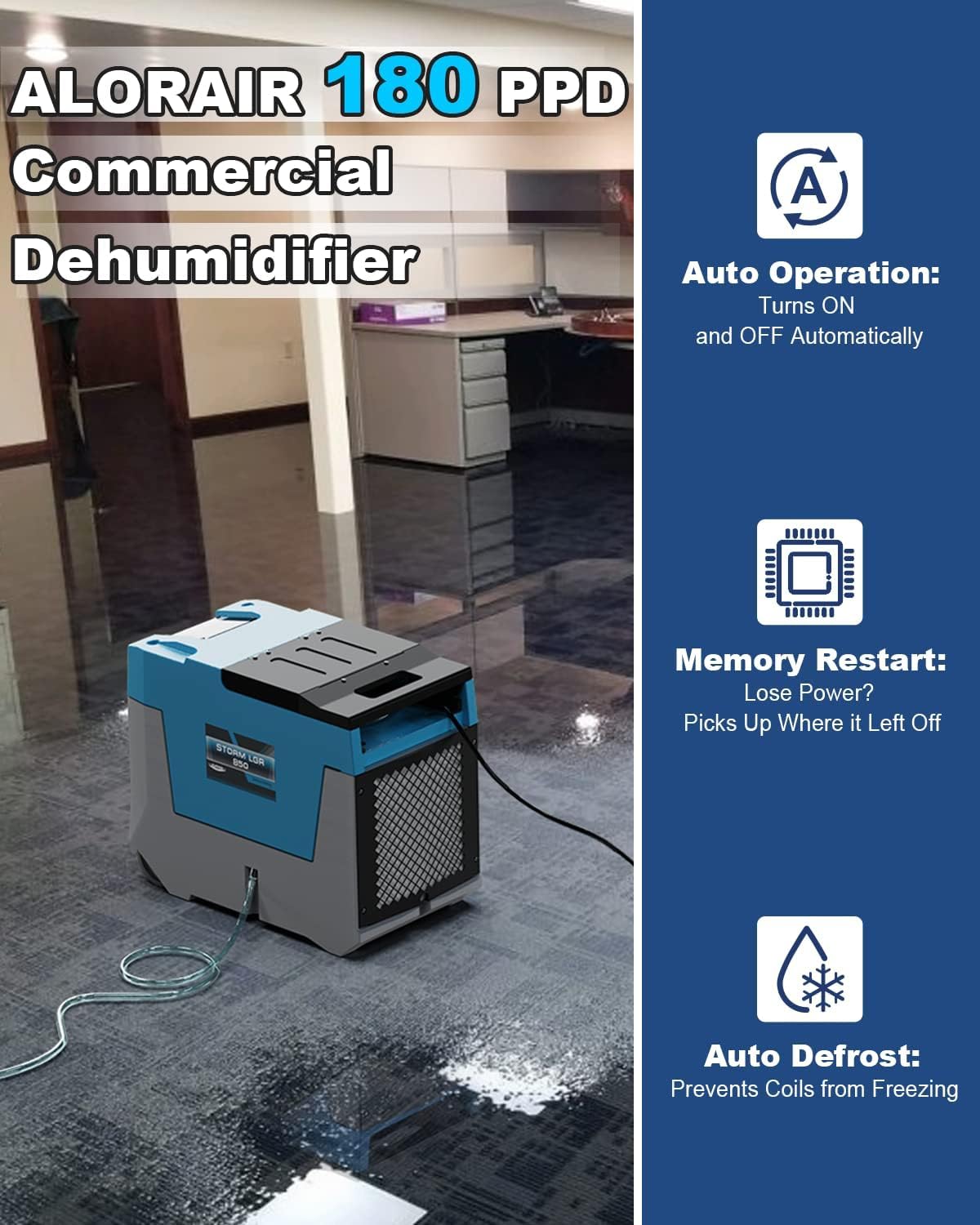 AlorAir 180 PPD LGR Commercial Dehumidifier with Pump, Heavy Duty Industrial Dehumidifiers Water Damage Restoration for Homes, Basements, Garages, Gym and Job Sites, Winter Storm (Blue)