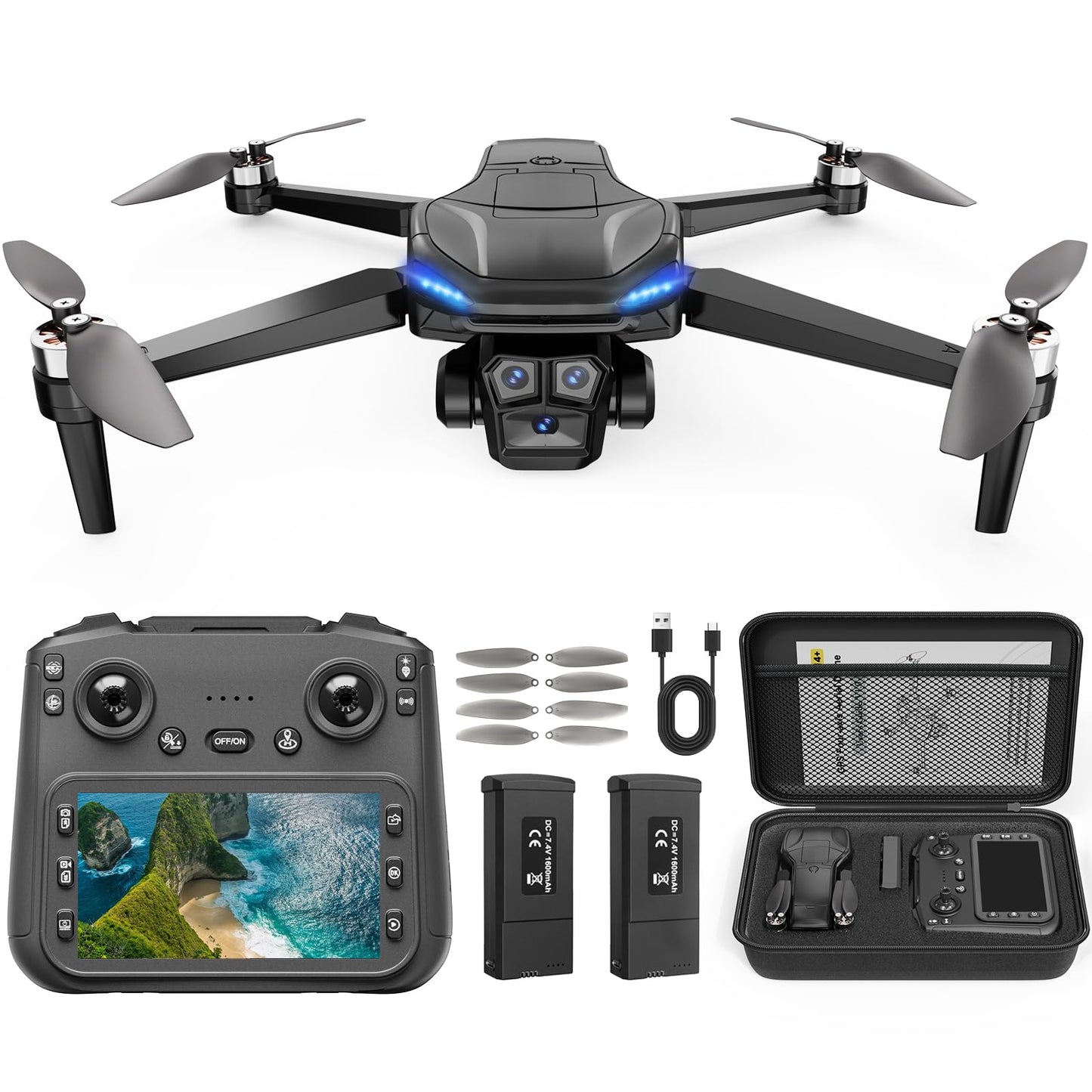 GPS Drone with Camera for Adults - 4K Drone with 4.5” FPV Screen Controller, 60 Min Flight, Brushless Motor Foldable Quadcopter, Auto Return, Follow Me, 3 Speed Modes for Beginners - Gift Under 249g
