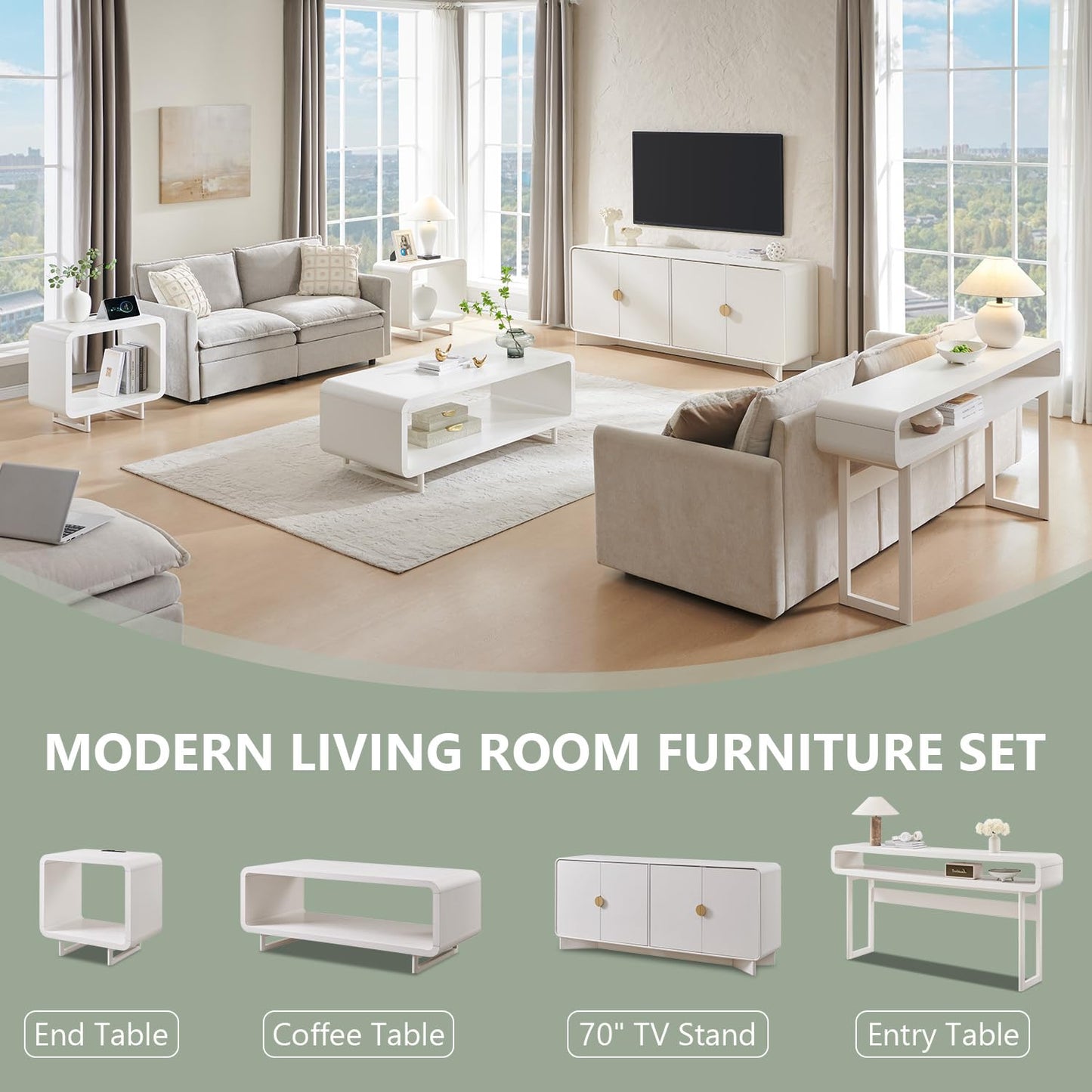 IFGET 70" Modern TV Stand for TVs Up to 80 inches, 30" Tall Entertainment Center with Storage and Adjustable Shelves, TV Console with Curved Profile Design, Media Console for Living Room, White