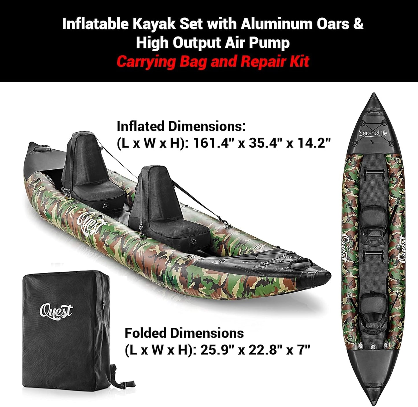 SereneLife Inflatable 2-Person Kayak – Durable PVC Kayak for Fishing with Aluminum Paddles, High-Output Pump, Repair Kit & Bag, Lightweight, Portable Design for Lakes & Rivers, (Camouflage)
