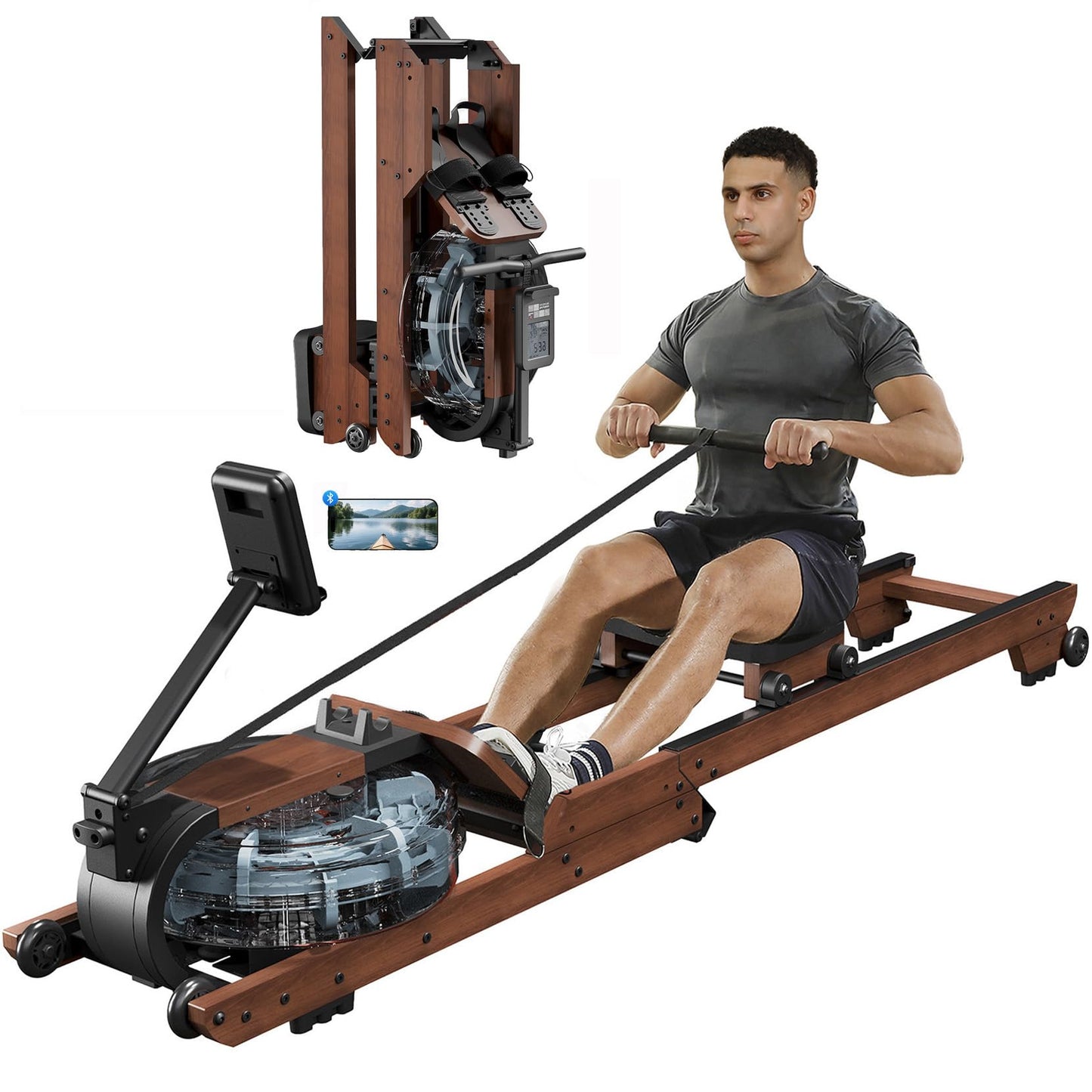 Dripex Rowing Machines for Home Foldable, Water Rowing Machine Max 400 LBS, Rower with Smooth Slide Rail, Comfortable Seat,Bluetooth App Supported,LCD Monitor, Wooden Row Machine for Home Gym Exercise