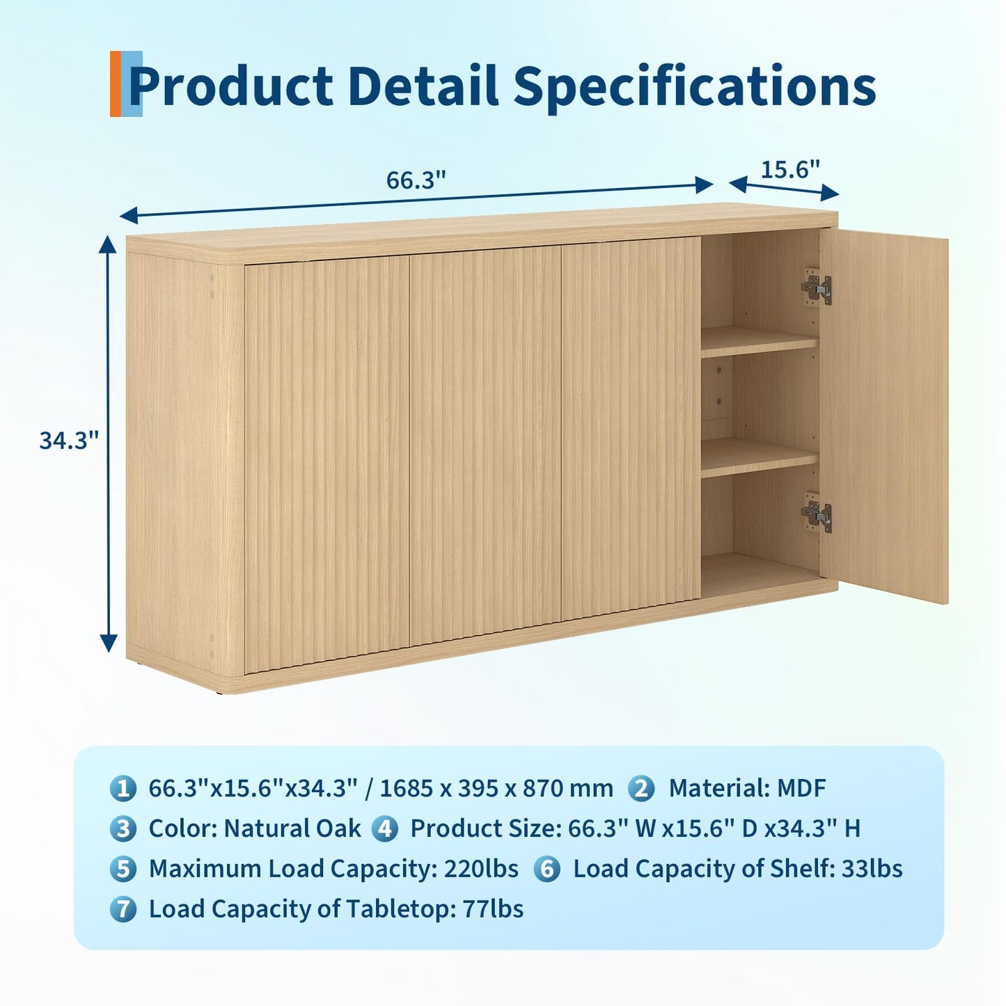 IDEALHOUSE 66.3in Large Sideboard Buffet Cabinet, Kitchen Modern Fluted Cupboard Coffee Bar Console Table Credenza Storage Cabinet with Adjustable Shelves for Living Room Hallway, 4 Doors