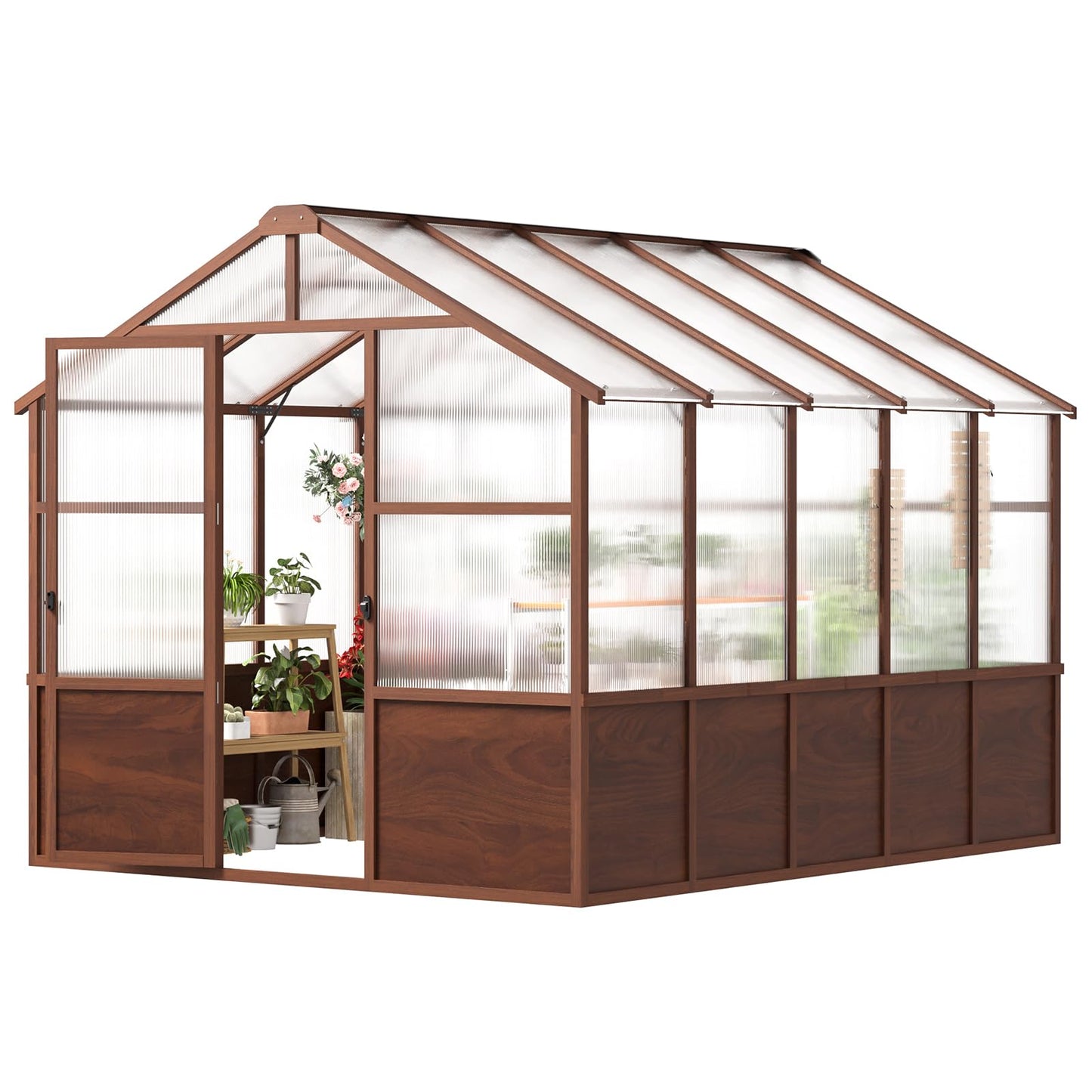 Jocoevol 8x10ft Outdoor Greenhouse, Wooden Frame Polycarbonate Greenhouse with Adjustable Roof Vents and Lockable Door Handle, Walk-in Greenhouse Perfect for Backyard and Garden