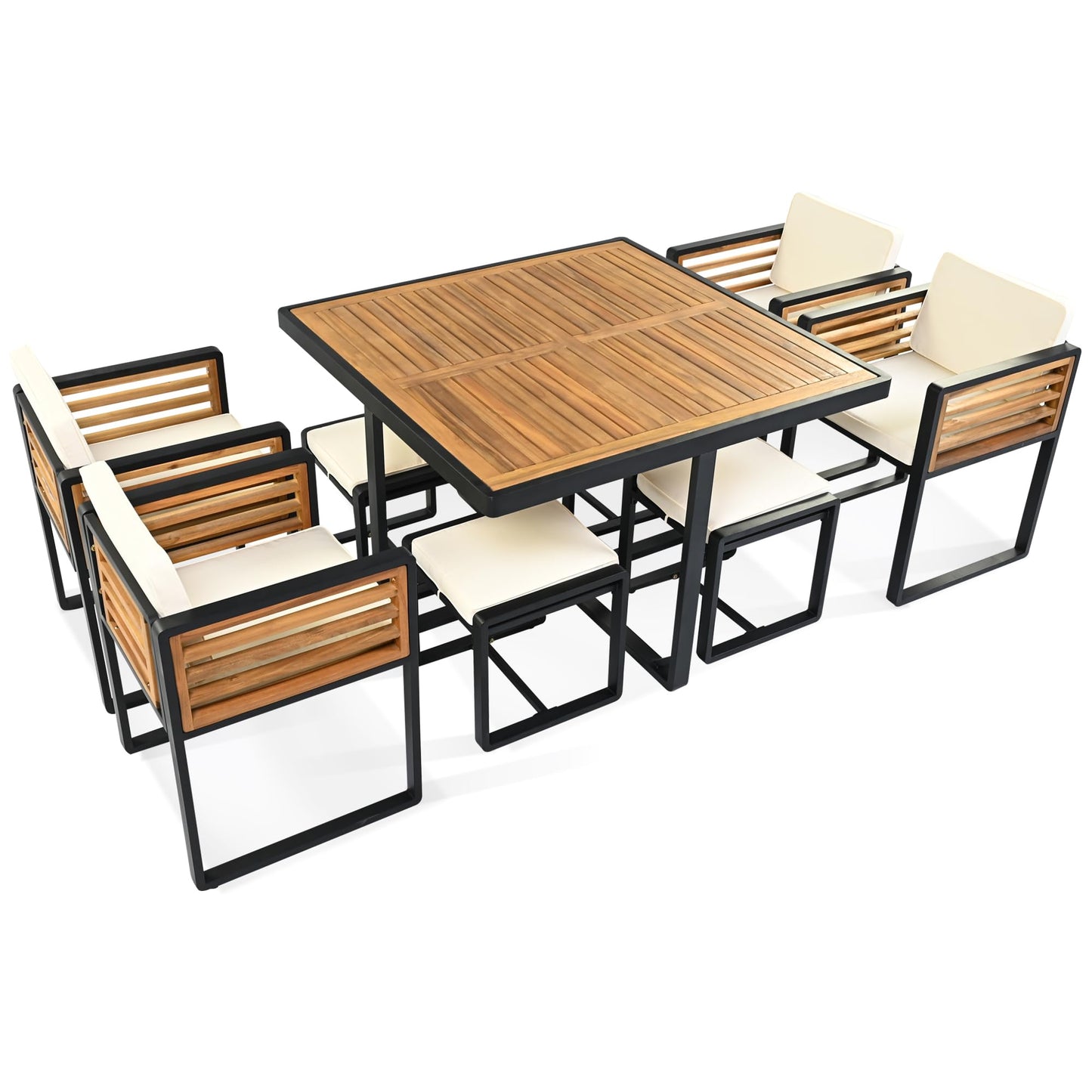 Merax 9-Piece Patio Dining Set for 8 People, Acacia Wood Outdoor Furniture Sets with 1 Square Table, 4 Cushioned Chairs and 4 Ottomans for Backyard, Garden, Lawn, Poolside, Space Saving Design, Beige