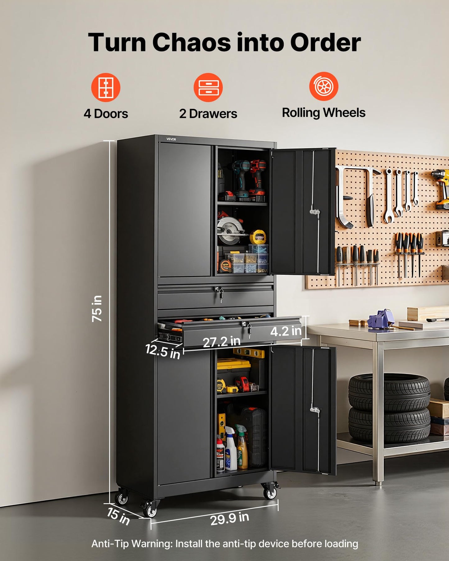 VEVOR Metal Storage Cabinet with Wheels, 180 lbs Shelf Load Capacity, 75" Tall Rolling Garage Tool Storage Cabinet with 4 Locking Doors and Adjustable Shelves, 2 Drawers, for Garage, Office, Home