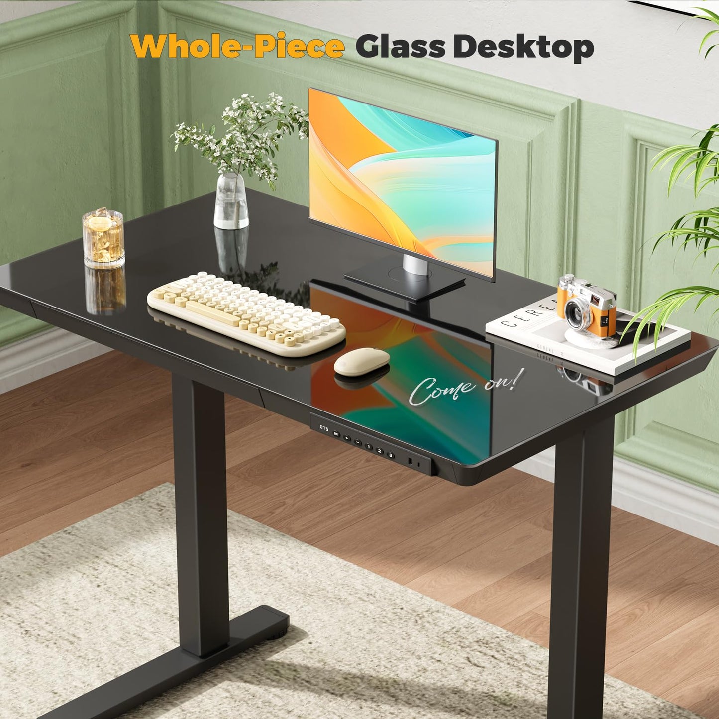 JYLH JOYSEEKER Glass Electric Standing Desk with Drawer, 35" x 20" Whole Piece Tabletop Samll Sit Stand Table, Height Adjustable Workstation with Storage & USB Ports, Quick Install Home Office Desk