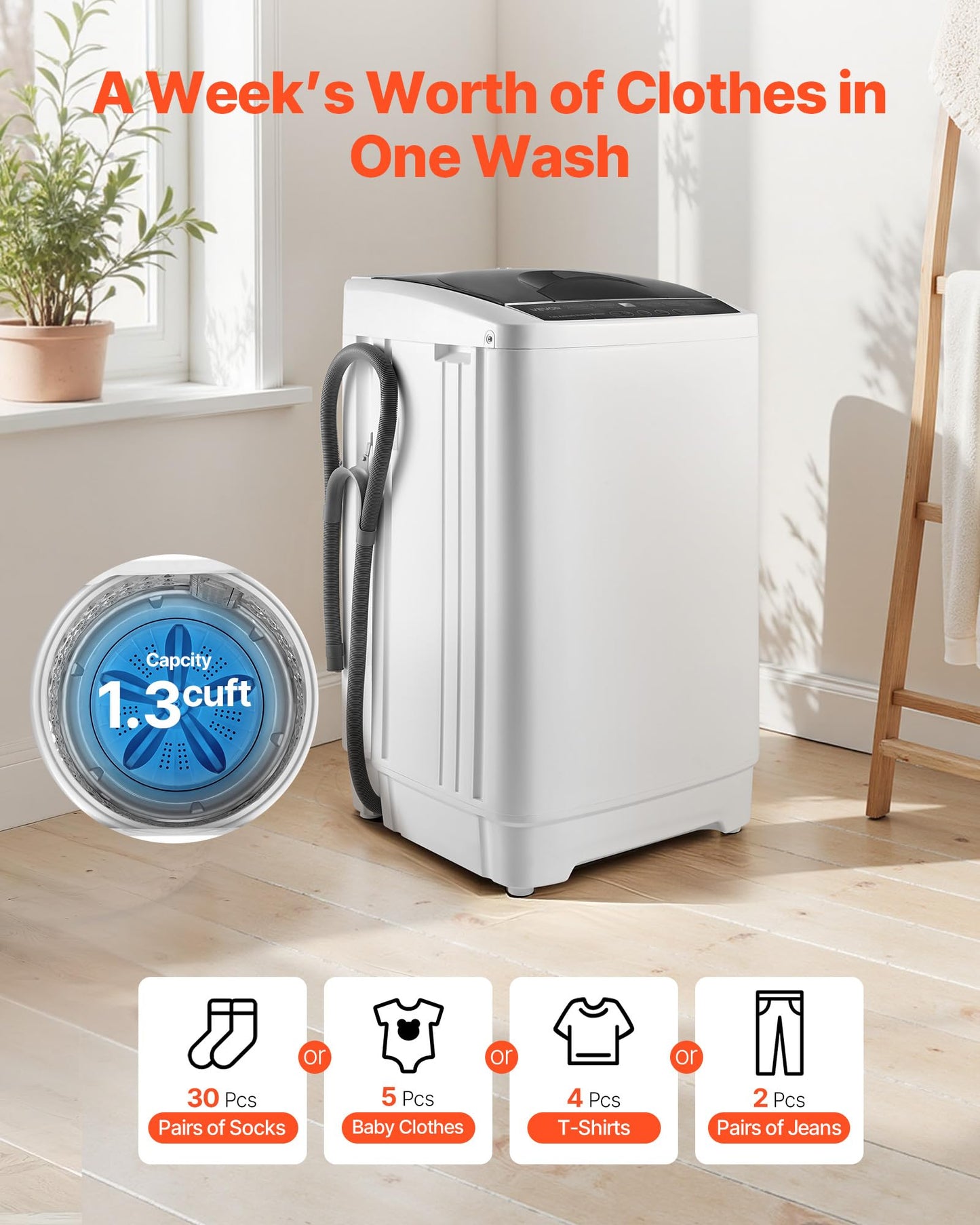 VEVOR Portable Washing Machine, Portable Washer 1.3 cu.ft with LED Display, Stainless Steel Drum, 8 Wash Programs & 6 Adjustable Water Levels, Portable Washer Machine for Apartments, RVs, and Dorms