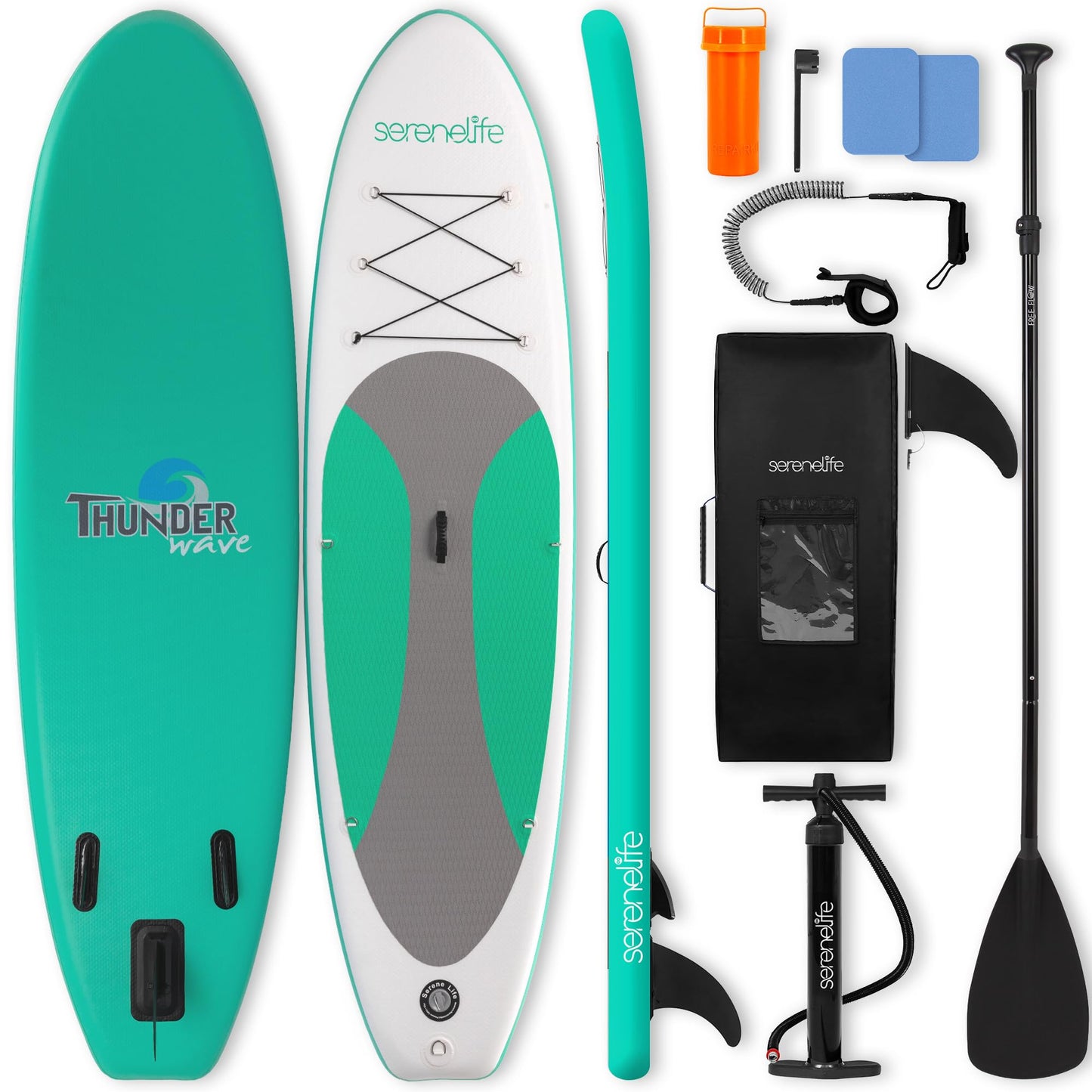 SereneLife 10’ Inflatable Stand Up Paddle Board with Premium SUP Accessories - 32” Wide Stable Design with Non-Slip EVA Deck Pad, for Youth and Adults, 275 lbs. Capacity