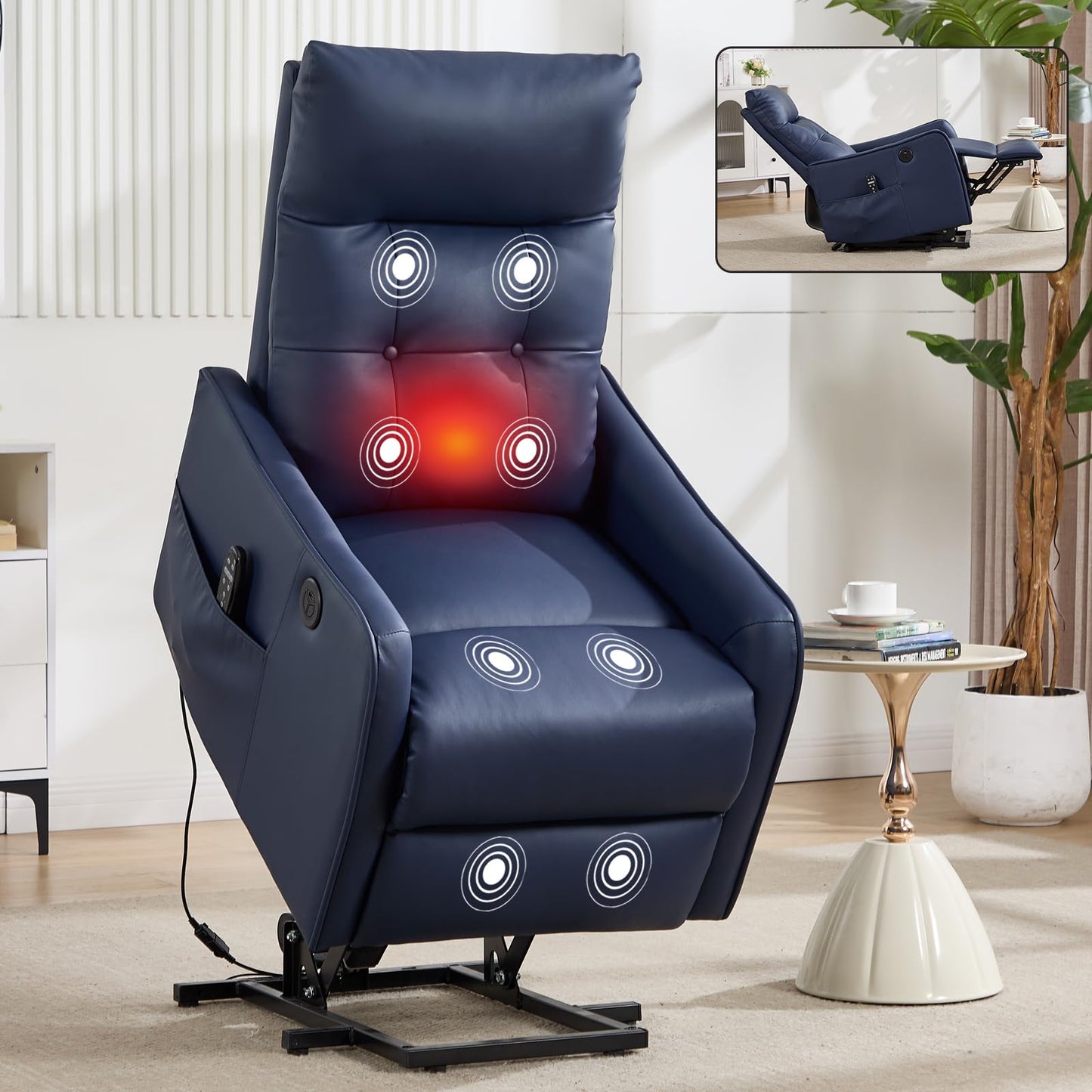 KEIKI Single Motor Power Lift Recliner Chair with Massage and Heat for Living Room, Synthetic Leather Upholstery with USB Charging Port and Side Pockets for Seniors