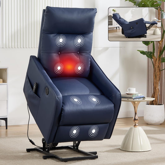 KEIKI Single Motor Power Lift Recliner Chair with Massage and Heat for Living Room, Synthetic Leather Upholstery with USB Charging Port and Side Pockets for Seniors