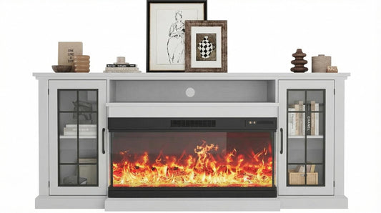 Fireplace TV Stand with 3-Sided Glass, Adjustable LED Flame, 12 Flame and Log Colors, Glass Doors and Storage Shelves, Modern Farmhouse Electric Fireplace Entertainment Center for TVs Up to 85"