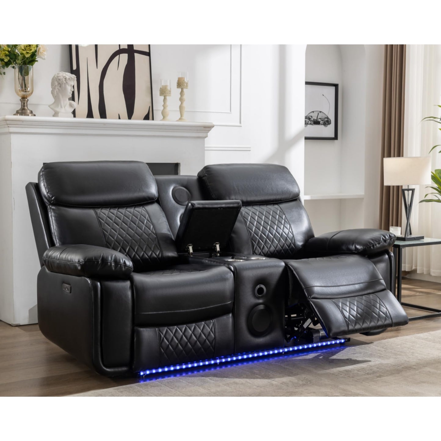 KEIKI 2-Piece Power Reclining Sofa Set with 1 Oversized Technical Leather 3-Seater Sofa & 1 Loveseat Sofa, Electric Control 5-Seater Couch Set with Cup Holder, Storage Armrest, for Living Room, Black