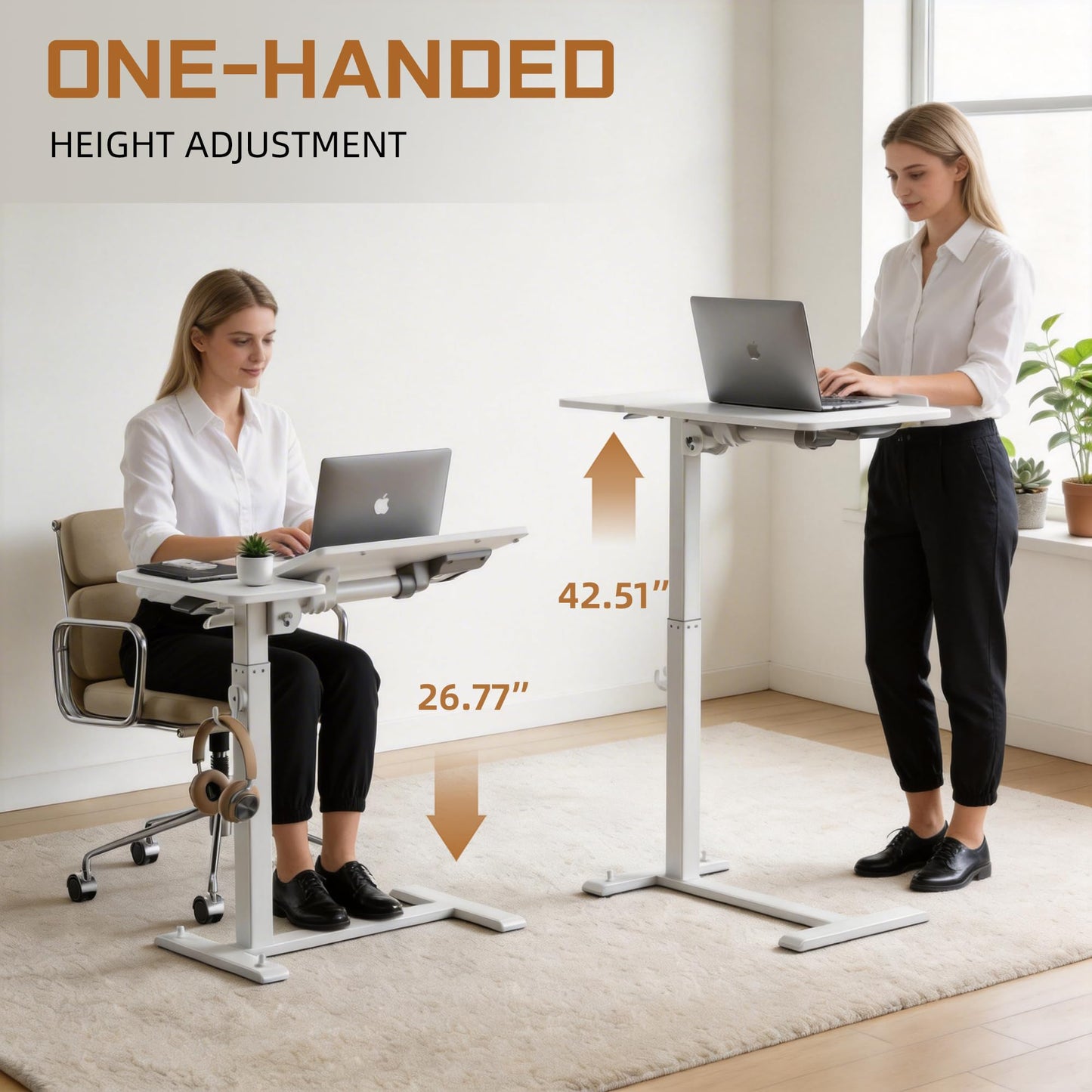 ETHU Foldable Overbed Table with Wheels, Rolling Laptop Standing Desk with Height Adjustable 26.77”-42.51” & Tilting Desktop, Mobile Work Desk for Bedside, Sofa and Home Office Use, White