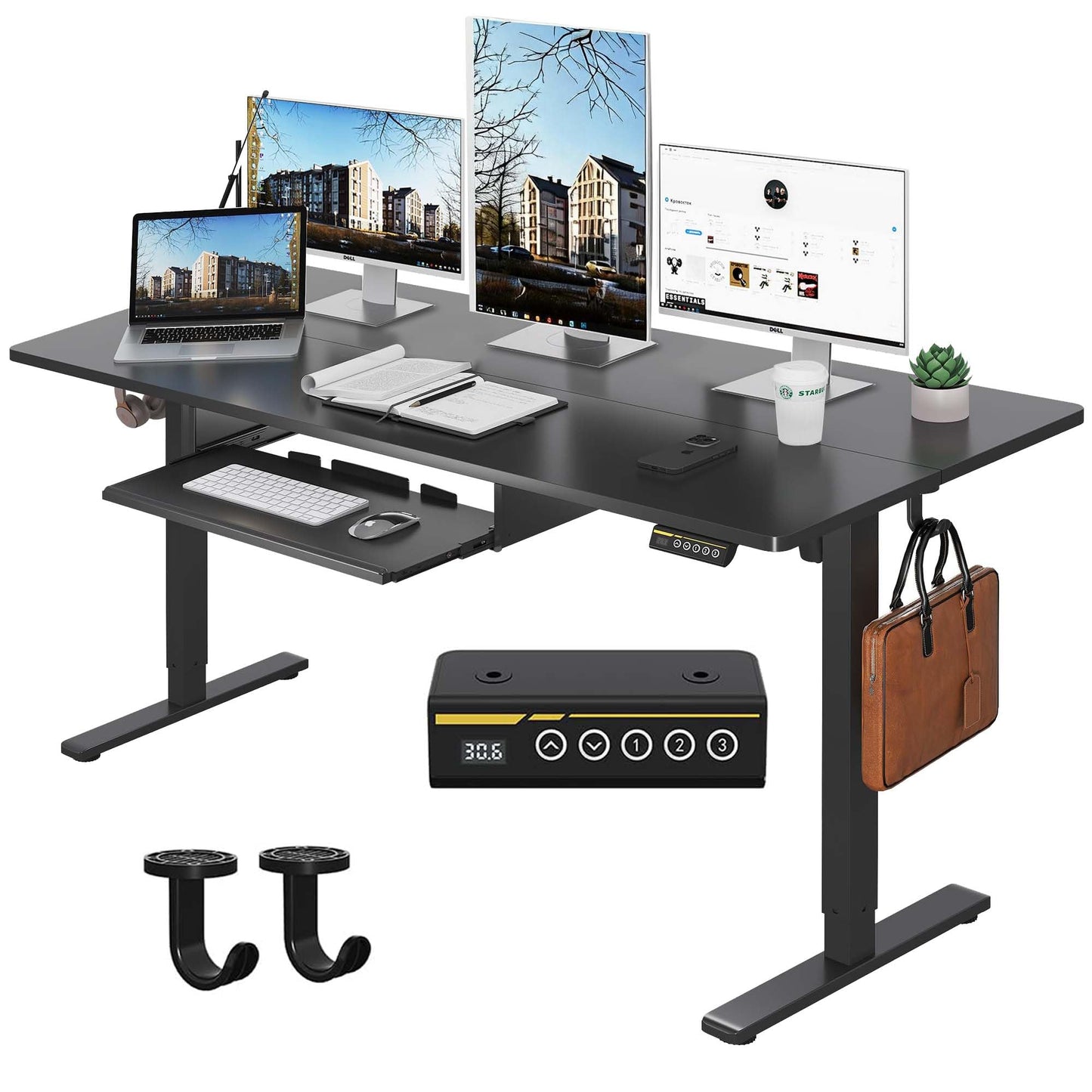Gamork Electric Standing Desk with Keyboard Tray,55x24 inches Adjustable Height Stand Up Desk,3 Preset Heights,Equipped with Hooks,Raising Desks for Home Office and Computer Workstation,Black