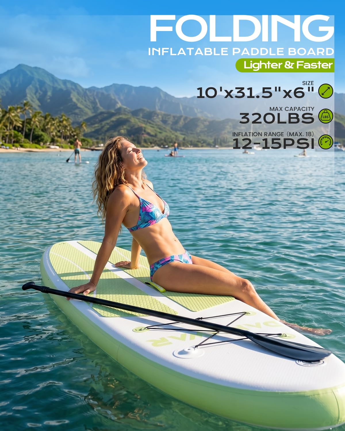 DAKUWAR Inflatable Paddle Board 10'x31.5''x6'' Folding Stand up Paddle Boards with SUP Accessories Valve Adaptor/2 fins/SUP Backpack/Ankle Leash/Repair Kit (Green and White)