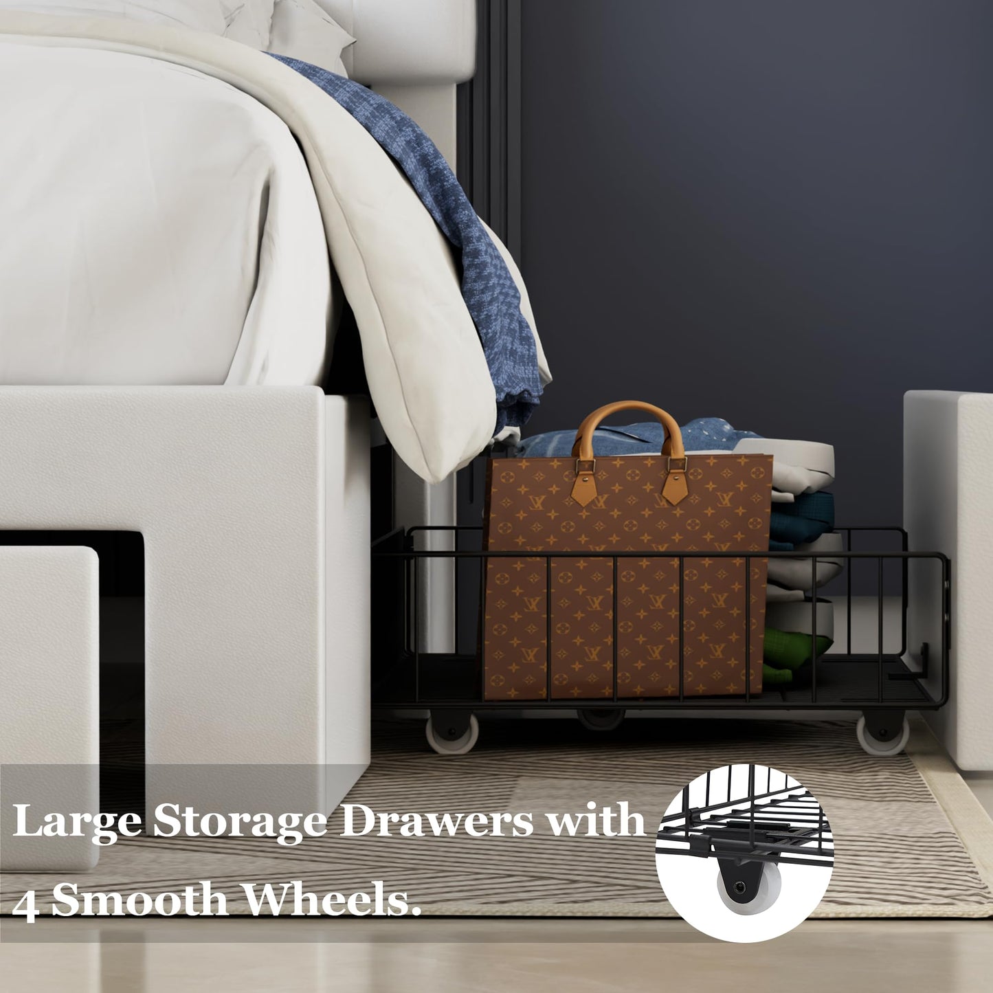 VECELO Full Size Bed Frame with 3 Storage Drawers, Leather Upholstered with Diamond Tufted Headboard, Solid Wood Slat Support & Steel Framework, PU & White