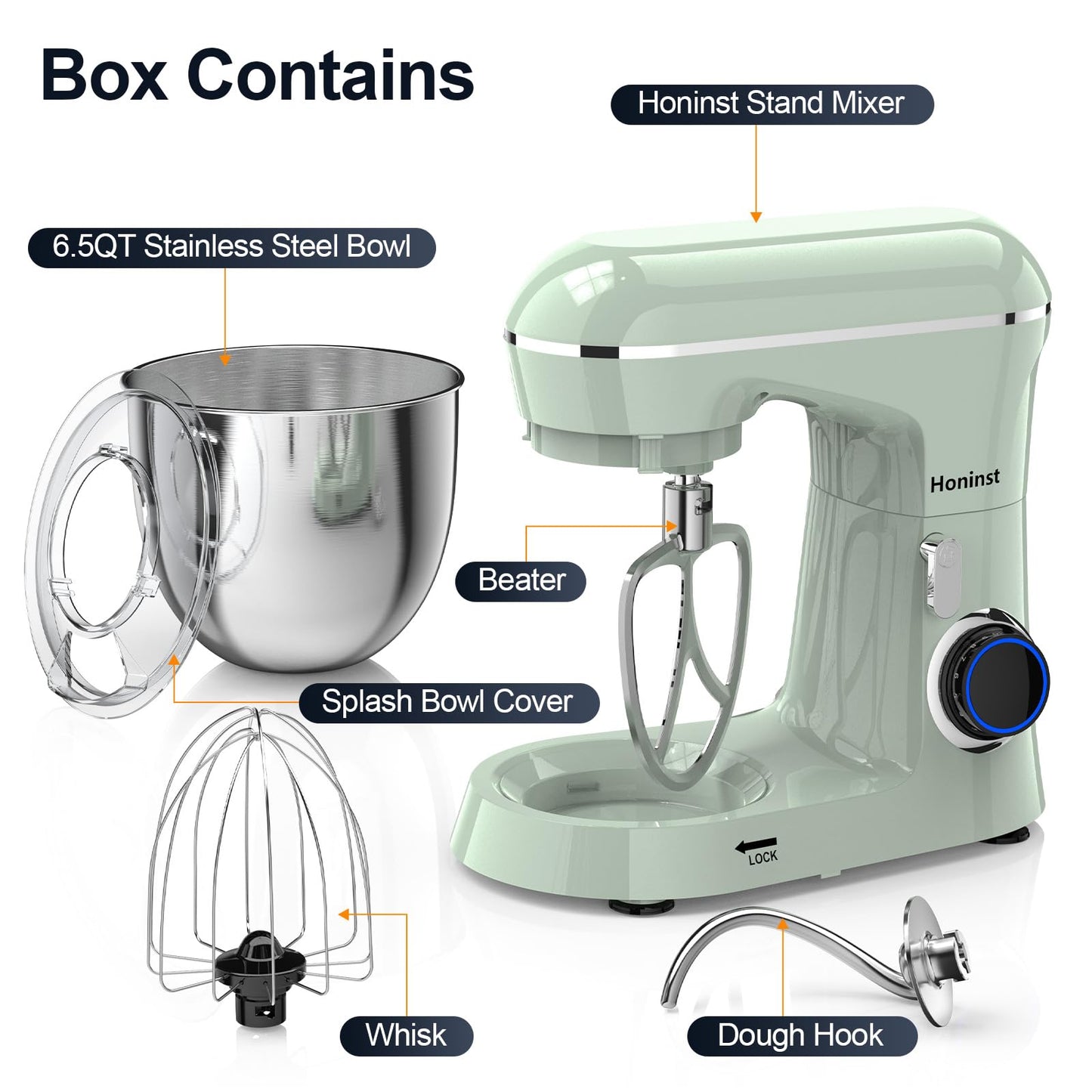 Honinst Stand Mixer, 6.5QT 10-Speed Tilt-Head Electric Stand Mixer, 3-In-1 Kitchen Mixer with Bowl, Dough Hook, Whisk and Beater, Food Mixer for Baking, Cake and Most Home Cooks, Green
