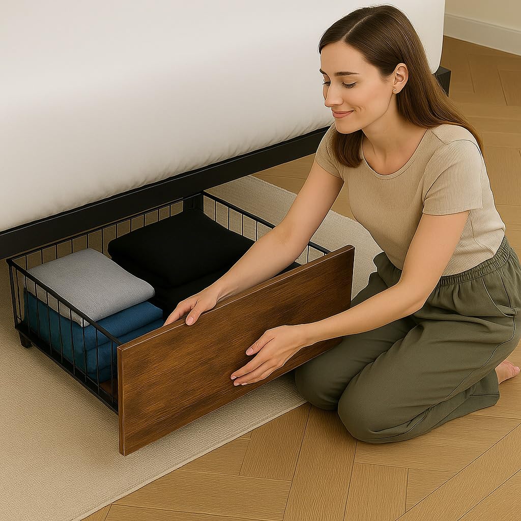 COMHOMA Queen Bed Frame with Headboard and Storage Drawers, Charging Station, Modern Platform Metal Frames with Wood Accents, No Box Spring Needed, Quiet and Sturdy Structure