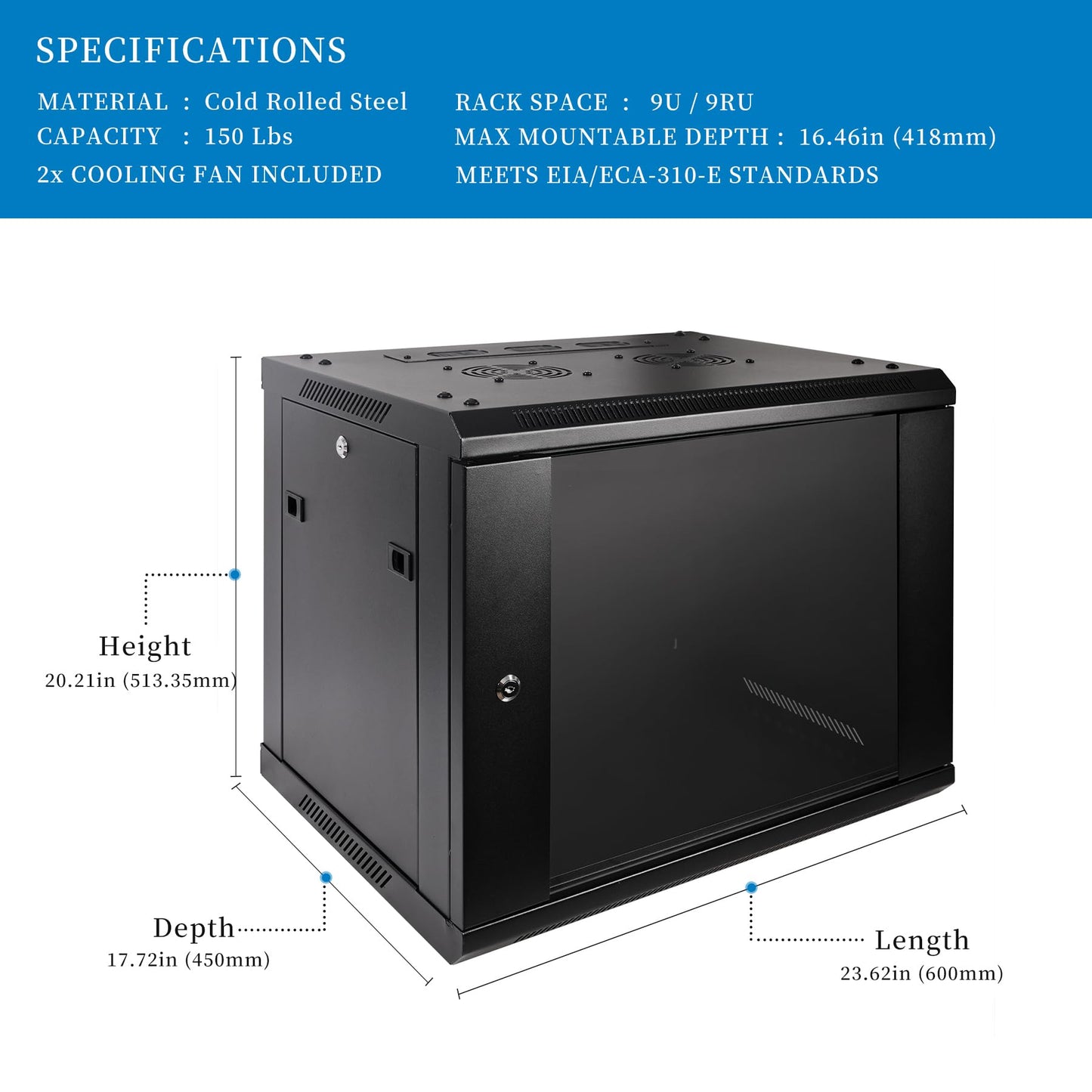 RackPath 9U Professional Wall Mount Server Cabinet Network Rack Enclosure with 2X Quiet Cooling Fan, 1x Brush Cable Management Panel, Black