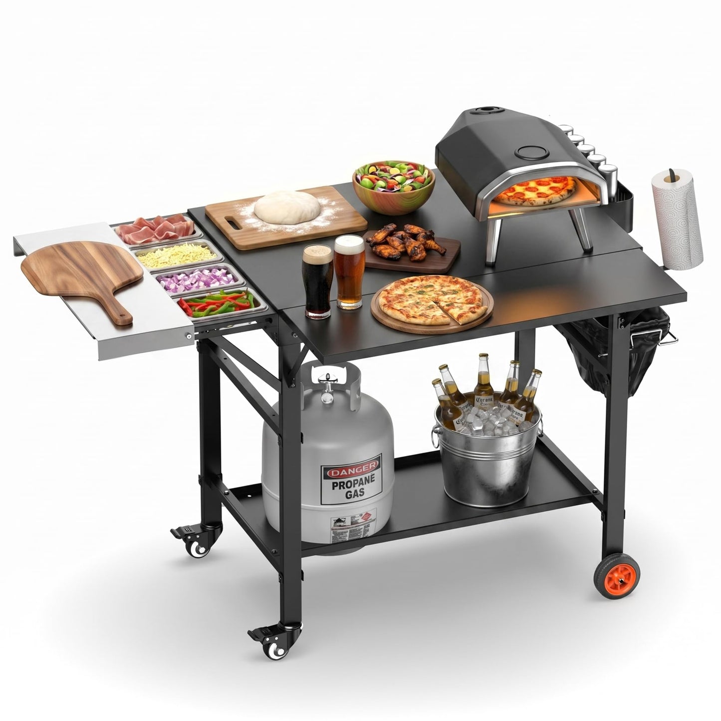 DeintYei Pizza Oven Table for Ooni Pizza Ovens, Grill Cart Table with Topping Station, Large Countertop Pizza Oven Stand, Foldable Outdoor Cooking Stand with Propane Storage