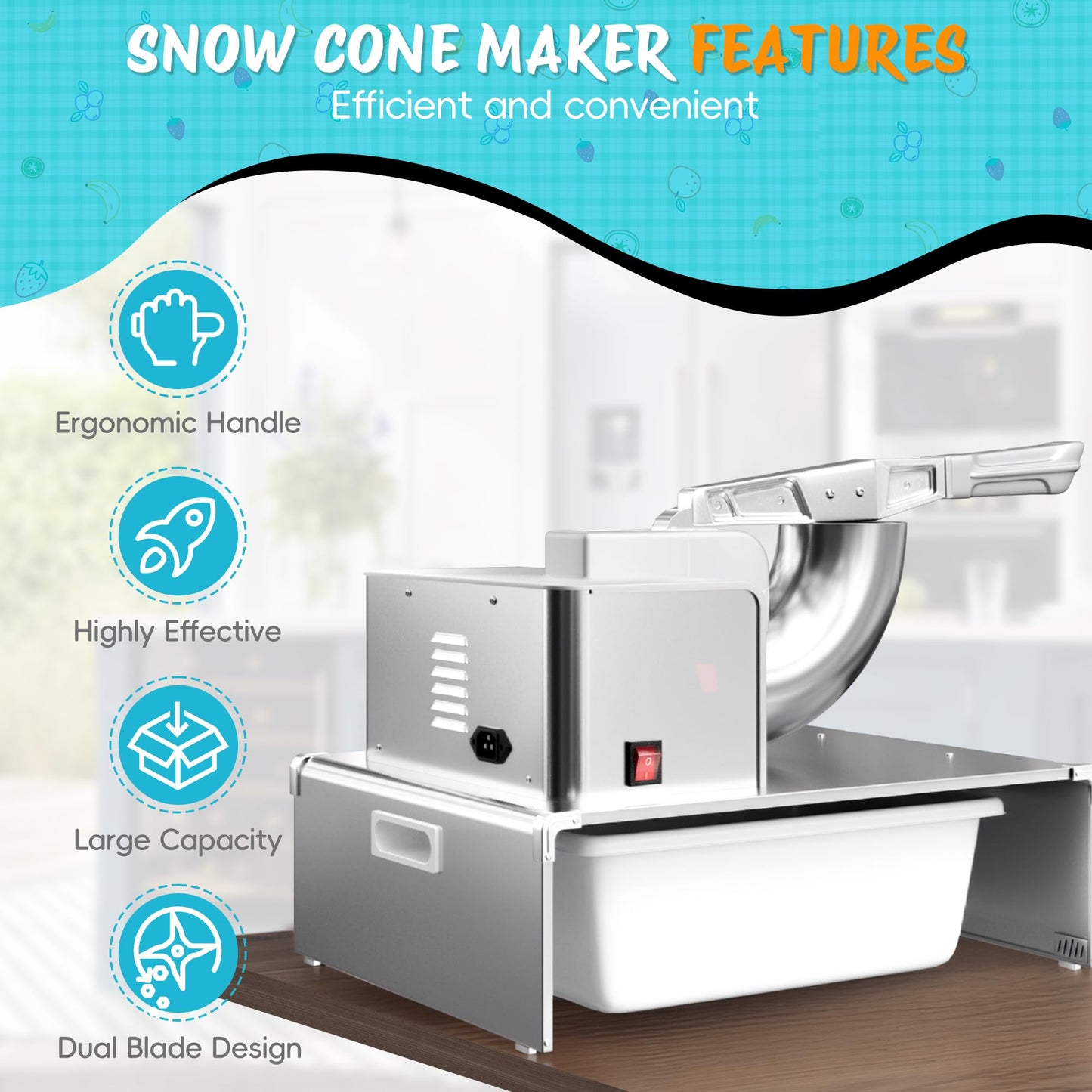 VALONDINO Snow Cone Machine Shaved Ice, 500LB/H Commercial Ice Crusher Shaved Ice Machine Fluffy, 300W Industrial Commercial Big Ice Shaving Machine for Snow Cones for Home Party