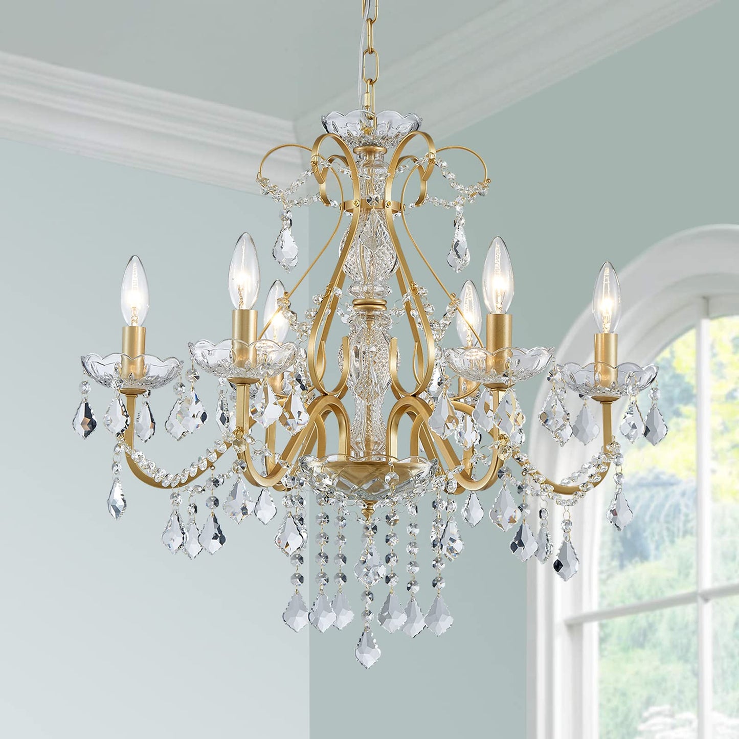 Bestier Gold Vintage Candle Chandelier Lighting Fixture for Dining Room, 6 E12 Bulbs Required, D24in x H26in