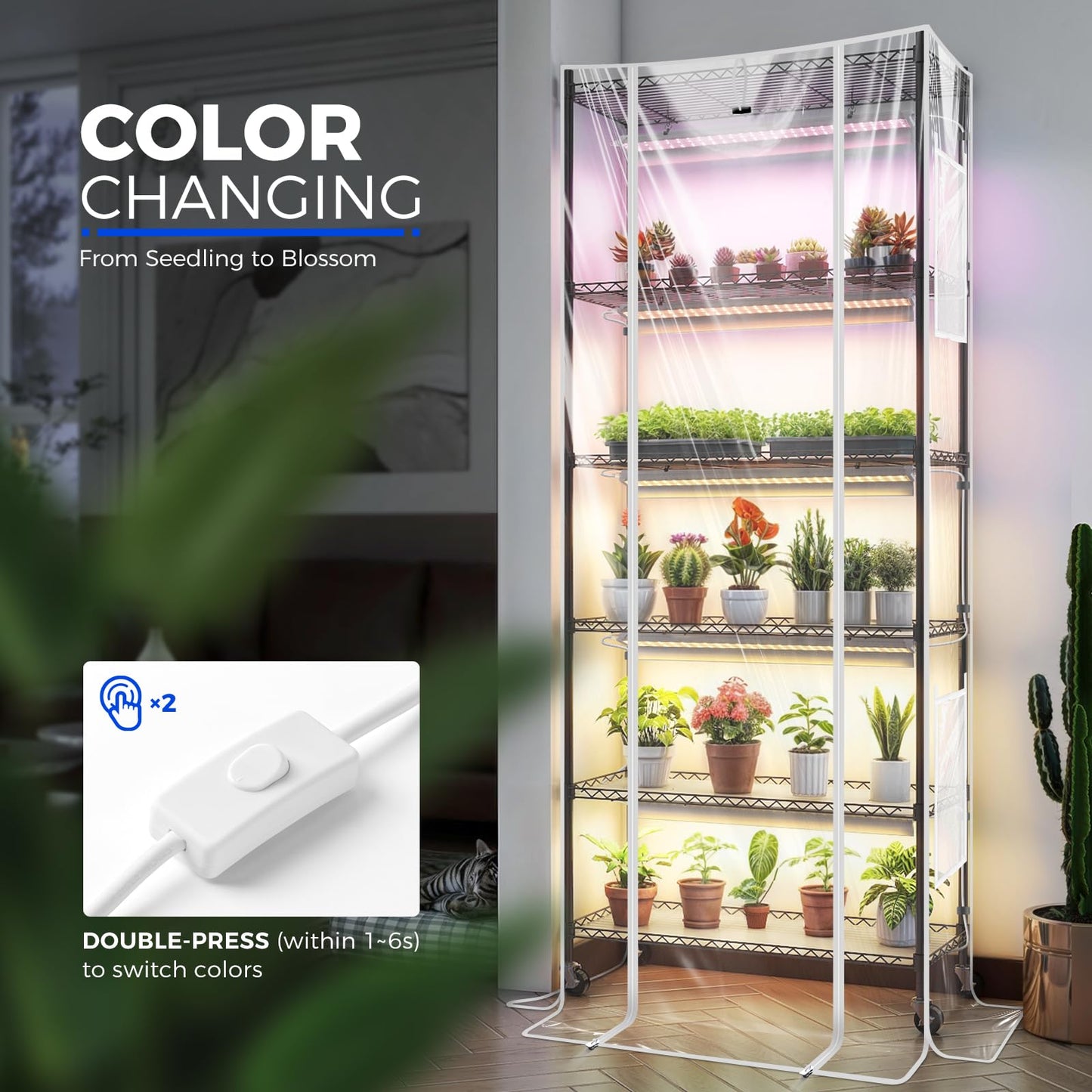 Barrina CX2Z Greenhouse with Grow Light for Indoor Plant & Seedlings, 6-Tier Plant Shelf with 2FT 30W(Per Light) Full Spectrum Plant Lights, 3 Adjustable Spectrum and Timer, 29x14x71 Inches