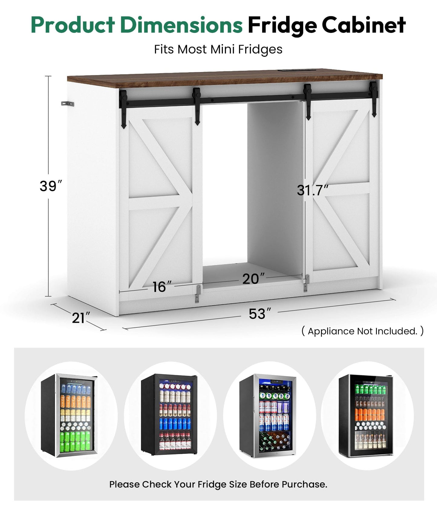 Lamtor Coffee Bar Cabinet with Storage - 53" Farmhouse Coffee Bar with Barn Doors, Mini Fridge Cabinet with Power Outlet for Kitchen Dining Room Living Room, White